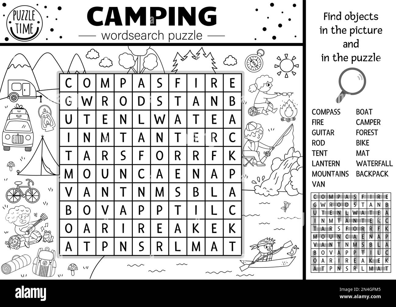 Vettore bianco e nero campeggio wordsearch puzzle. Semplice foresta campo estivo contorno croce parola o colorazione pagina. Attività educativa con i bambini Illustrazione Vettoriale
