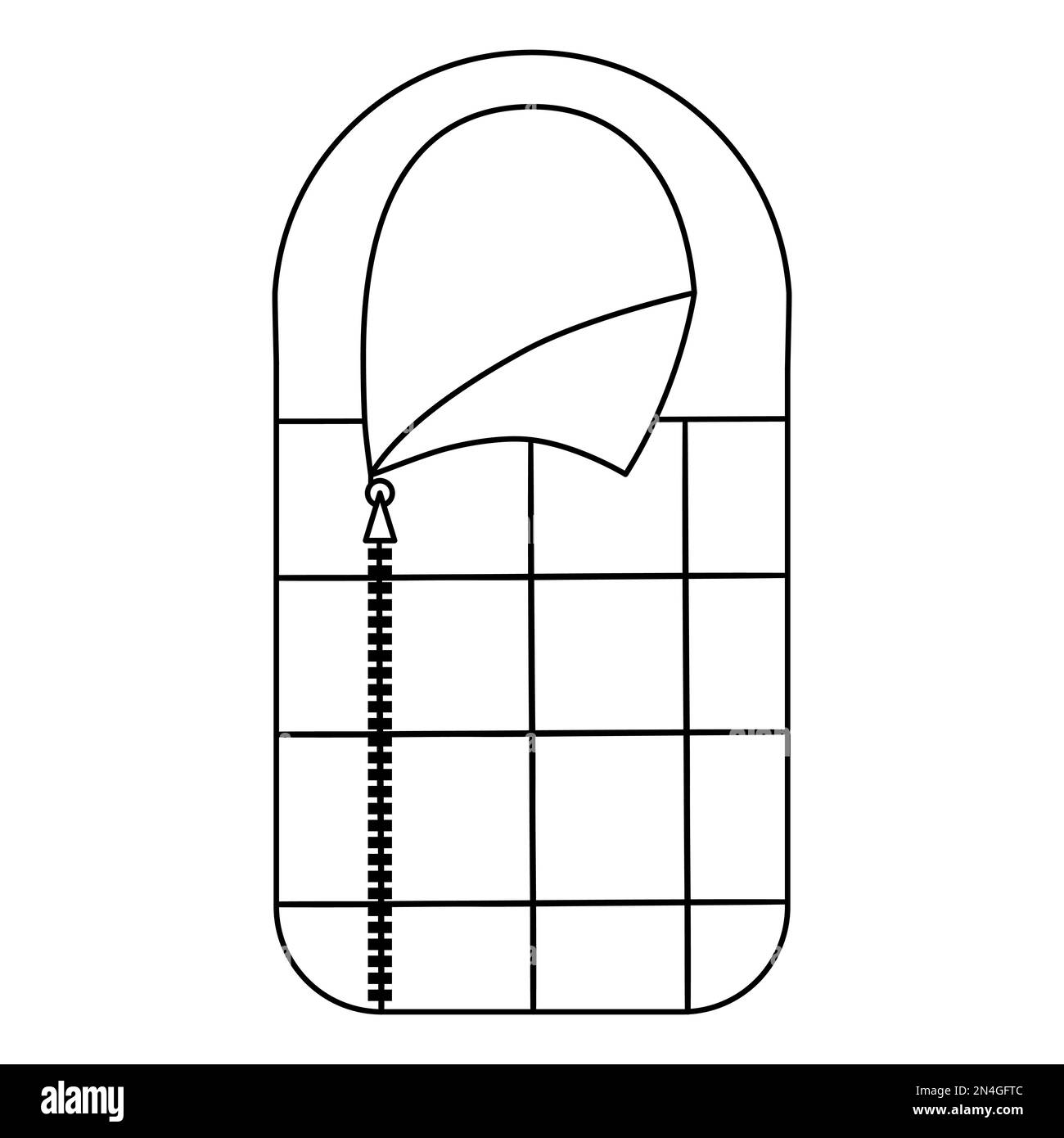 Icona del sacco a pelo in bianco e nero Vector. Attrezzatura forestale per dormire notte isolata su sfondo bianco. Natura oggetto linea di viaggio all'aperto. Profilo ca Illustrazione Vettoriale
