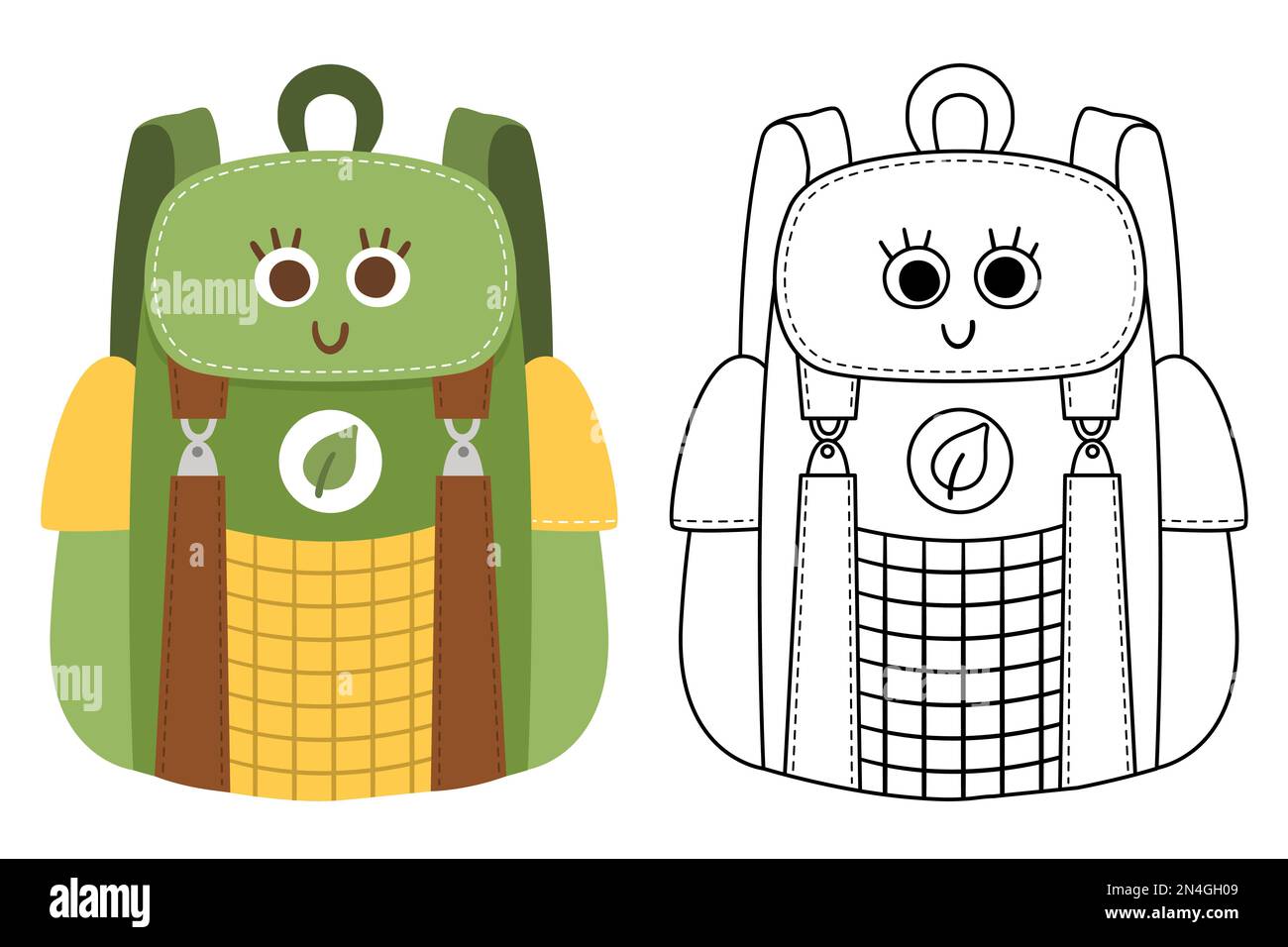 Zaino Vector kawaii da viaggio colorato e bianco e nero. Sacca scolastica clipart. Carino piatto e linea stile sorridente borsa di viaggio con gli occhi. Funn Illustrazione Vettoriale