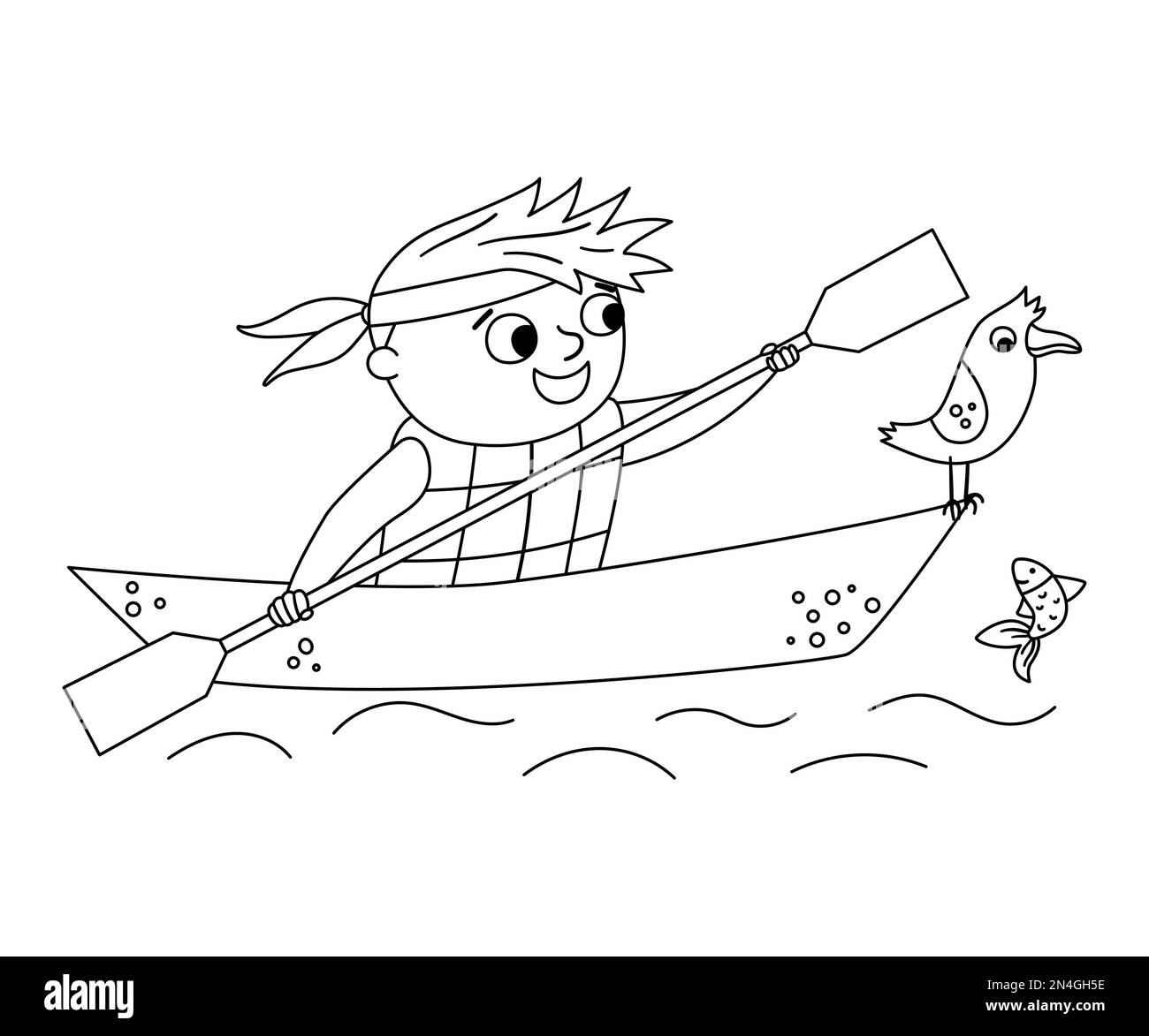 Vector ragazzo in kayak bianco e nero. Campeggio linea rafting scena con carino bambino in una barca con pagaia e gabbiano. Attività acquatica all'aperto o camma estiva Illustrazione Vettoriale