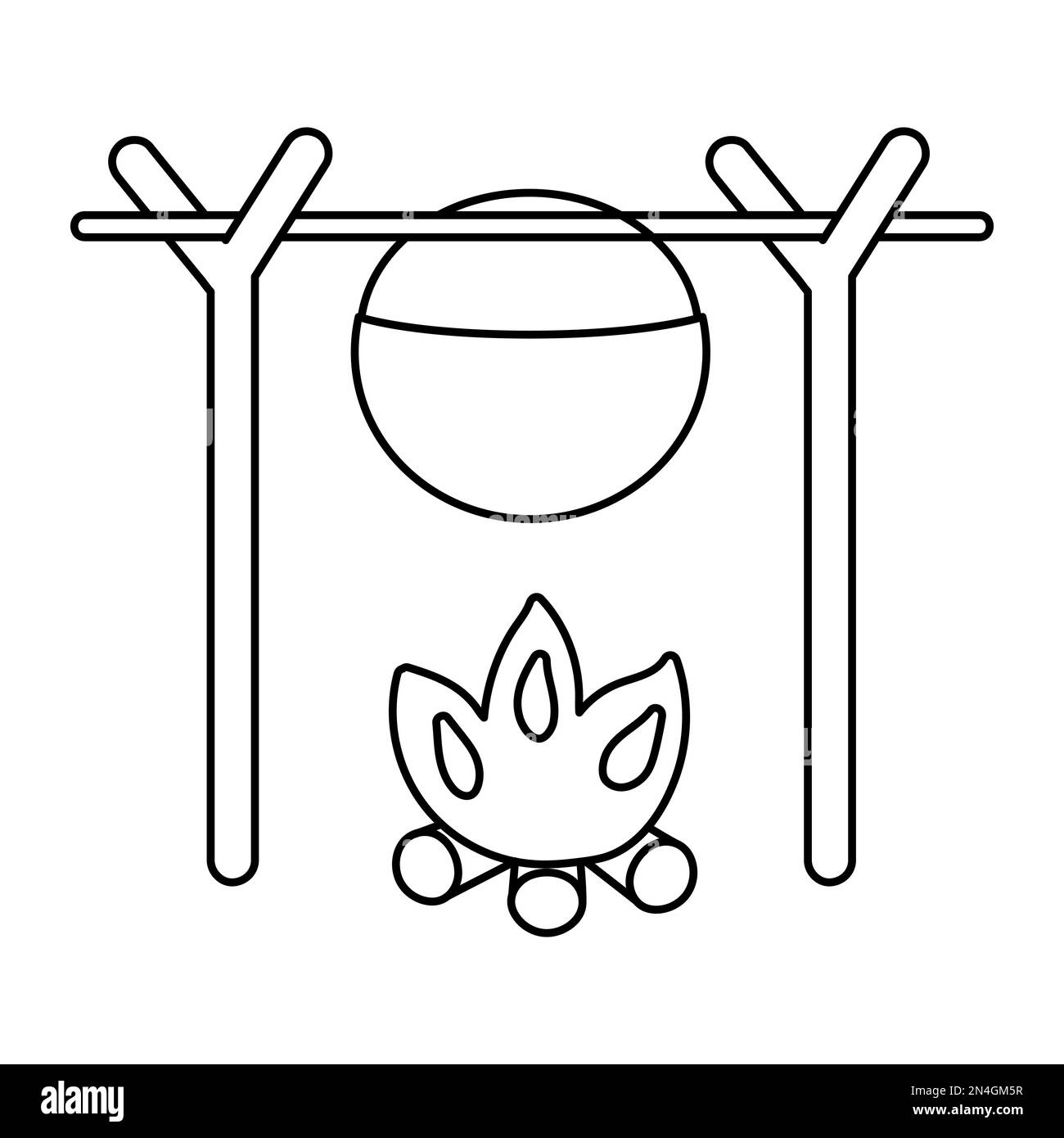 Caldaia Vector in bianco e nero appesa su ramoscelli sopra il fuoco. Campfire pot illustrazione contorno isolato su sfondo bianco. Autunno o estate s Illustrazione Vettoriale