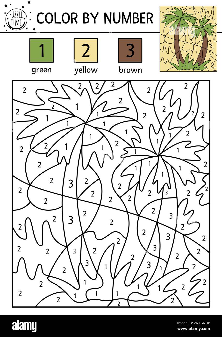 Colore tropicale vettoriale per attività numerica con palma. Estate colorazione e conteggio gioco con carino esotico. Divertente giungla di colorazione pagina o stampabile Illustrazione Vettoriale