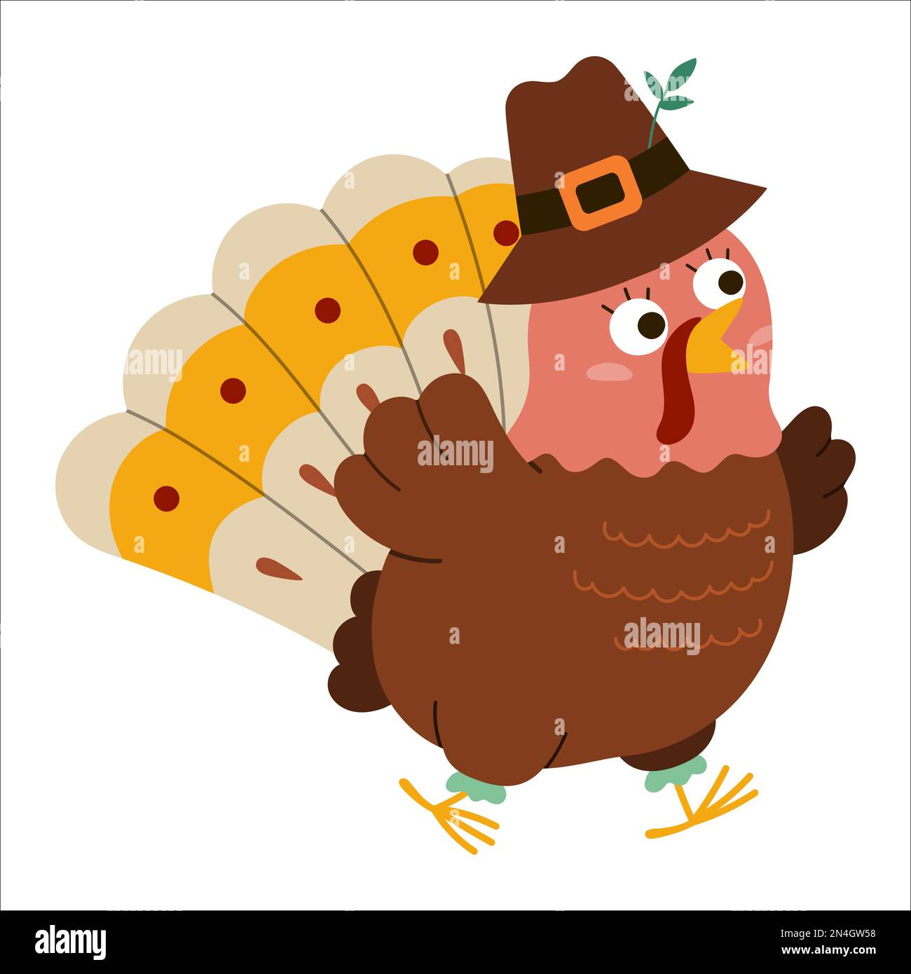 Vettore Thanksgiving turchia in cappello pellegrino. Icona dell'uccello d'autunno. Autunno vacanza in esecuzione animale con occhi gonfie isolato su sfondo bianco Illustrazione Vettoriale