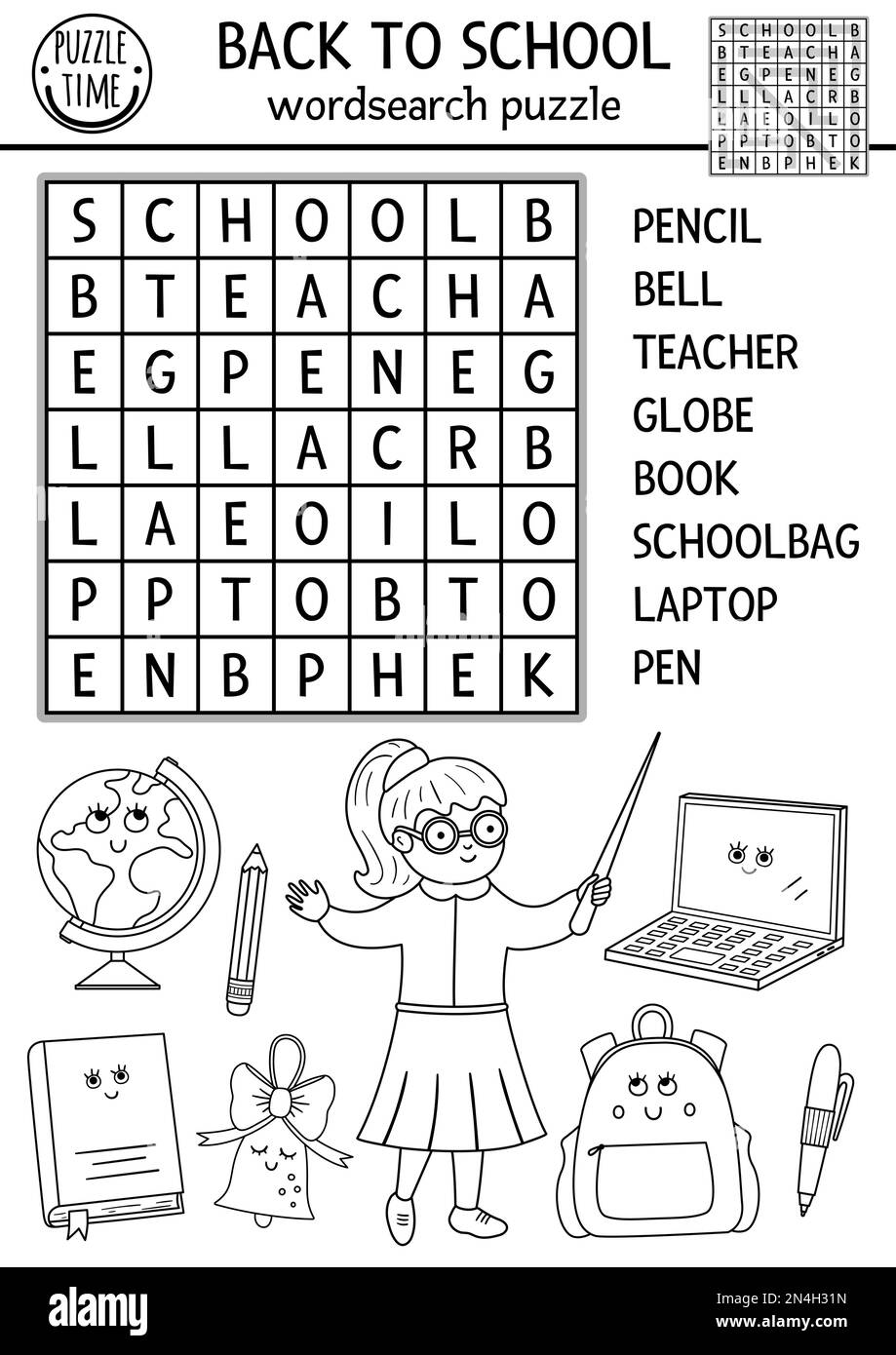 Vettore bianco e nero torna a scuola parola puzzle per bambini. Semplice crossword autunnale o pagina da colorare. Attività educativa con parole chiave Illustrazione Vettoriale Vettore bianco e nero torna a scuola parola puzzle per bambini. Semplice crossword autunnale o pagina da colorare. Attività educativa con parole chiave Illustrazione Vettoriale