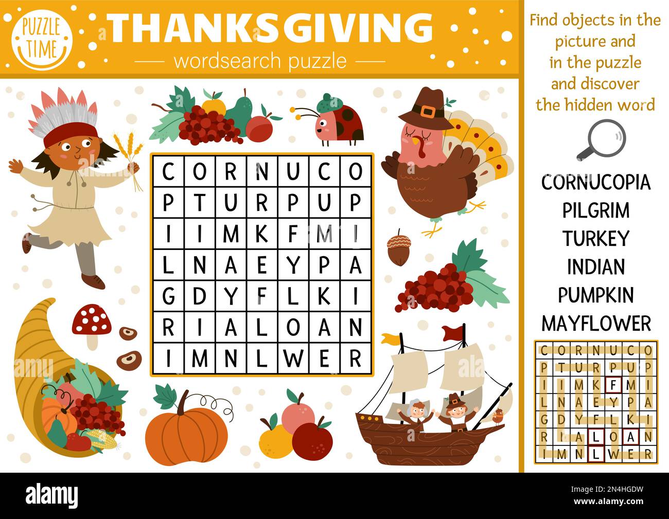 Vector Thanksgiving parola puzzle per bambini. Semplice croce campo autunnale con simboli tradizionali per i bambini. Attività educativa con parole chiave Illustrazione Vettoriale