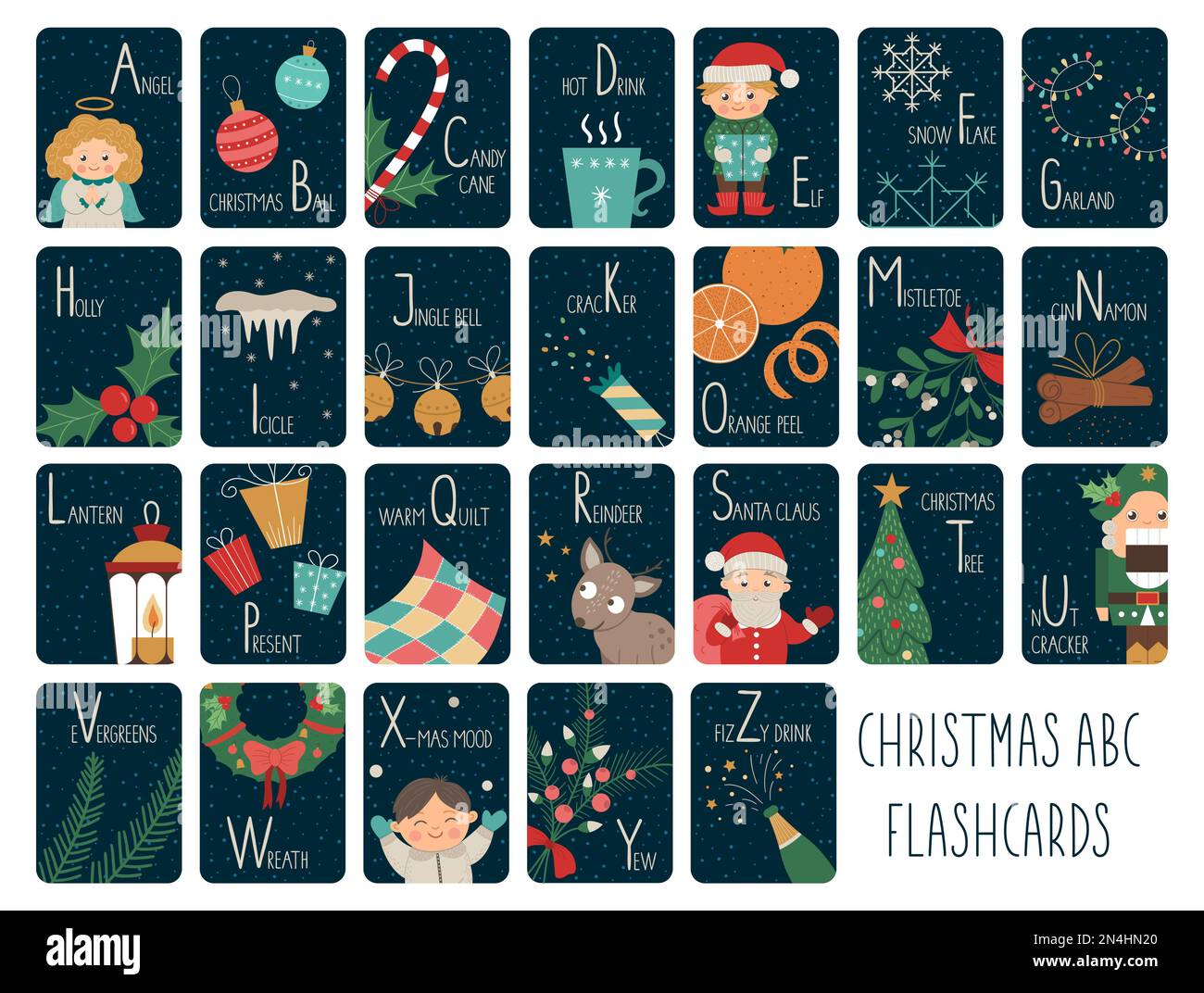 Biglietti alfabetici natalizi per bambini. Carino cartone animato ABC set con Babbo Natale, cervo, elfo, presente. Divertenti flashcards per l'anno nuovo per insegnare la lettura o ph Illustrazione Vettoriale