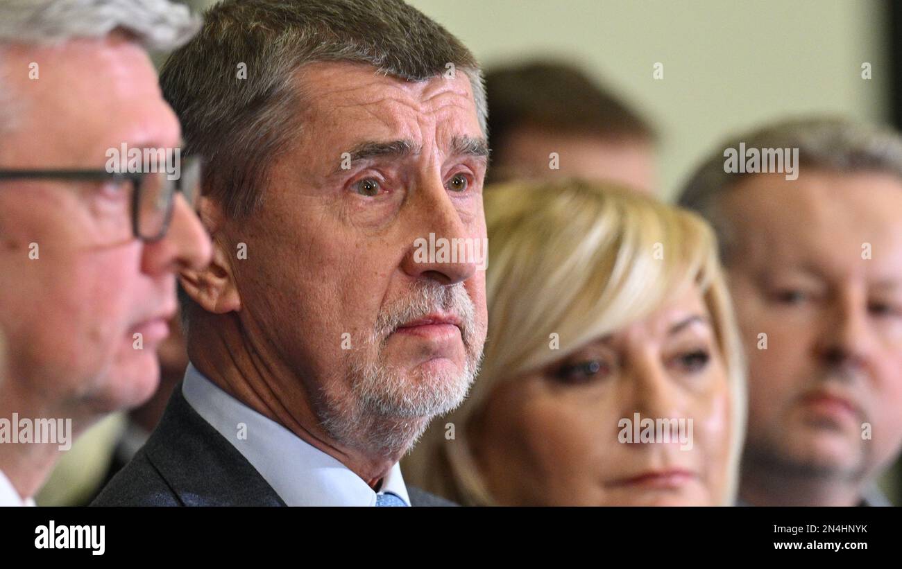 Praga, Repubblica Ceca. 08th Feb, 2023. L'ex-PM e il candidato presidenziale infruttuoso Andrej Babis (centro nella foto) rimarranno il leader del movimento ANO e un membro della Camera bassa del parlamento ceco, Ma le facce principali di ANO saranno il capo del gruppo di Camera bassa Alena Schillerova e il suo primo vice presidente Karel Havlicek, Babis Said a Praga, Repubblica Ceca, 8 febbraio 2023. Credit: Michal Kamaryt/CTK Photo/Alamy Live News Foto Stock