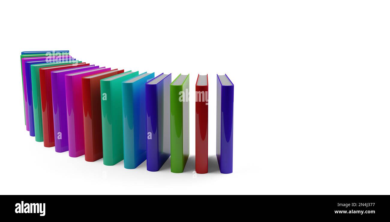 Fila circolare di diversi libri colorati di spettro o arcobaleno su sfondo bianco, concetto di educazione o letteratura, illustrazione 3D Foto Stock
