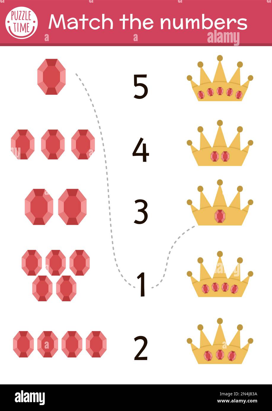 Abbina il gioco dei numeri con pietre della corona e della gemma. Attività matematica fiabesca per bambini prescolare. Magic kingdom educativo stampabile conteggio lavoro Illustrazione Vettoriale