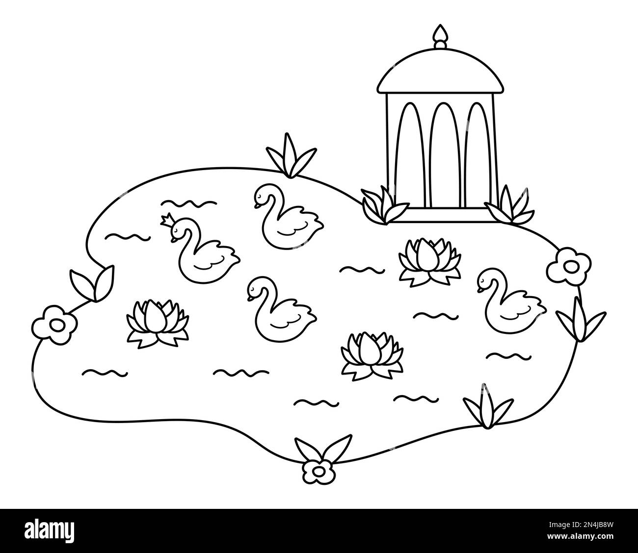 Icona vettoriale in bianco e nero del padiglione. Linea pergola con illustrazione lago e cigni. Estate resto elegante gazebo isolato su sfondo bianco Illustrazione Vettoriale