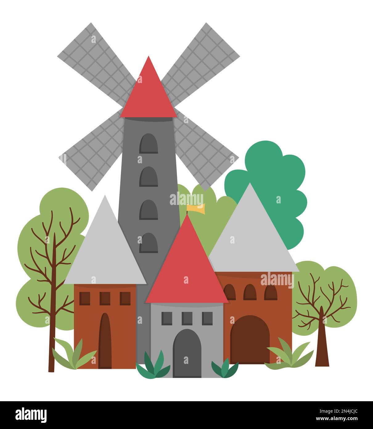 Icona di villaggio medievale Vector con mulino a vento isolato su sfondo bianco. Immagine del regno Magico. Edificio in pietra e legno. Campagna con torri, ho Illustrazione Vettoriale