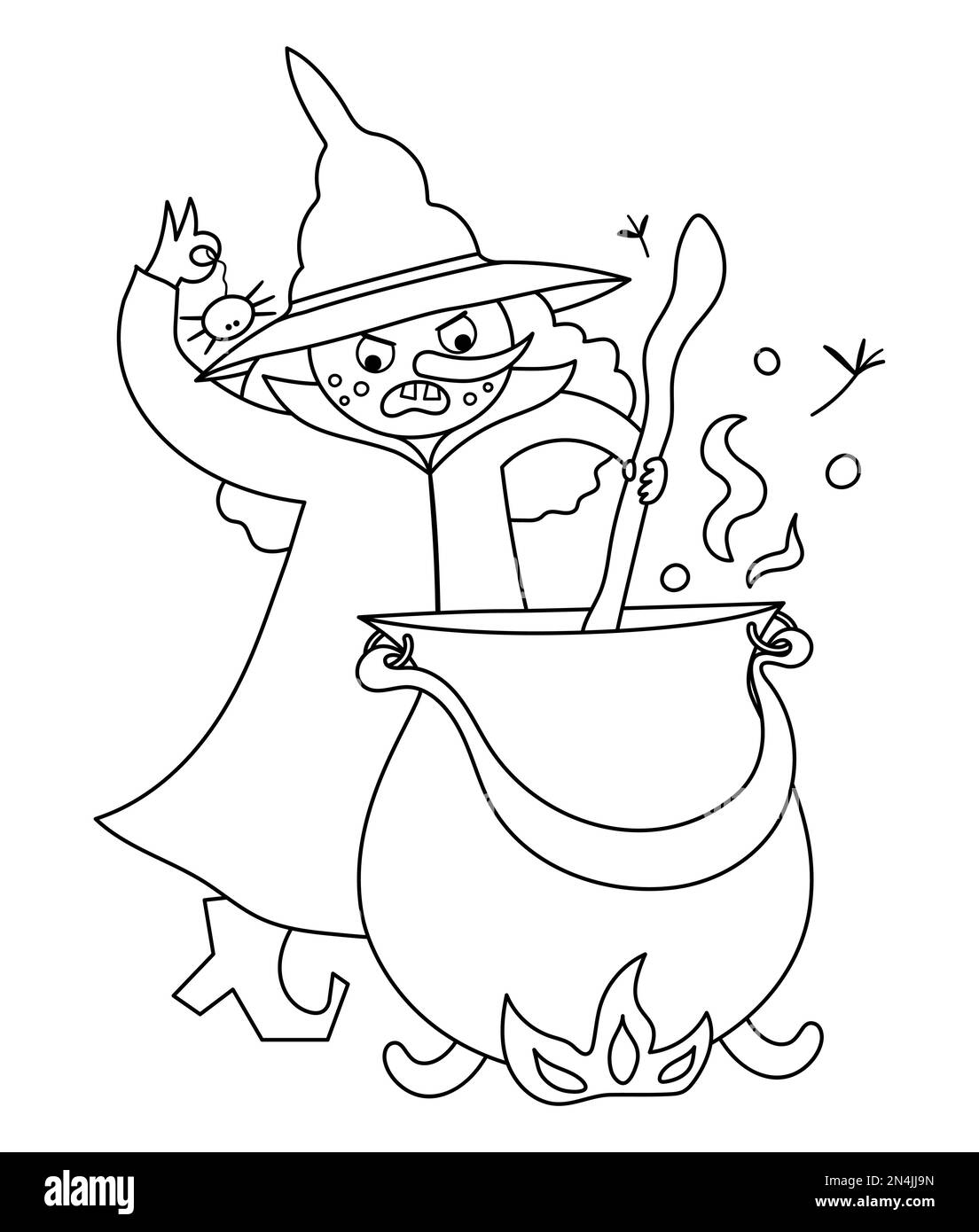 Strega vettoriale in bianco e nero fiaba con cavoltrone che prepara pozione. Linea fantasy strega in alto cappello. Fiaba o Halloween carattere. Cartone animato Illustrazione Vettoriale