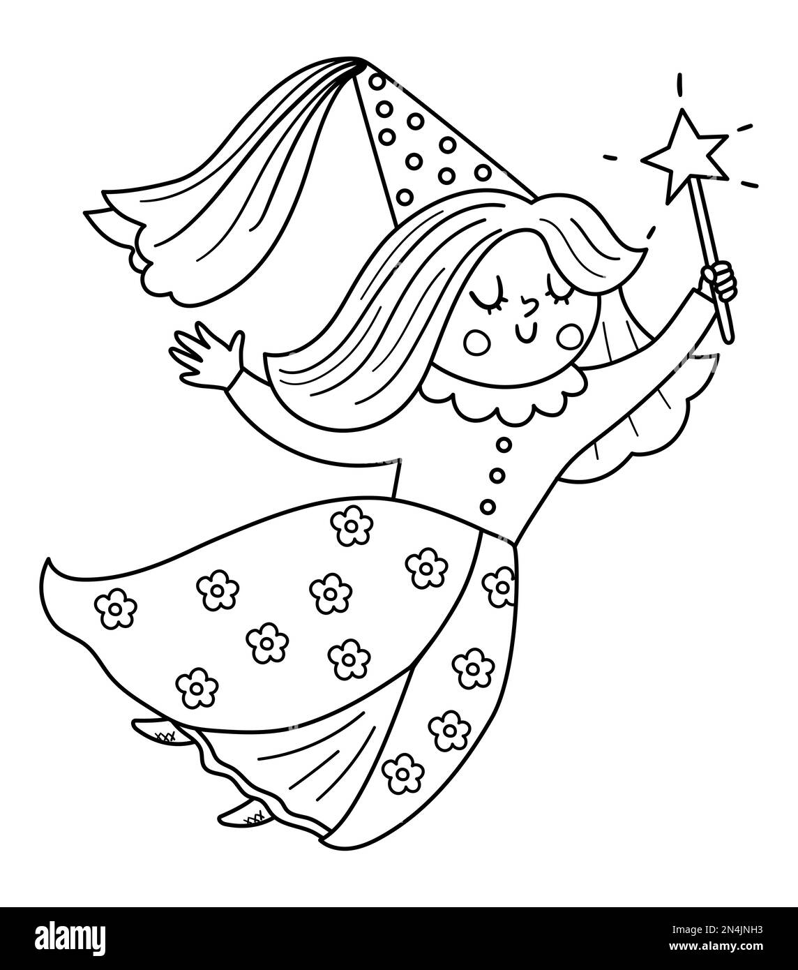 Fiaba in bianco e nero vettore fiaba con bacchetta magica. Linea fantasy sorceressa volante in alto cappello. Personaggio da fiaba. Icona magica del cartone animato o colorina Illustrazione Vettoriale