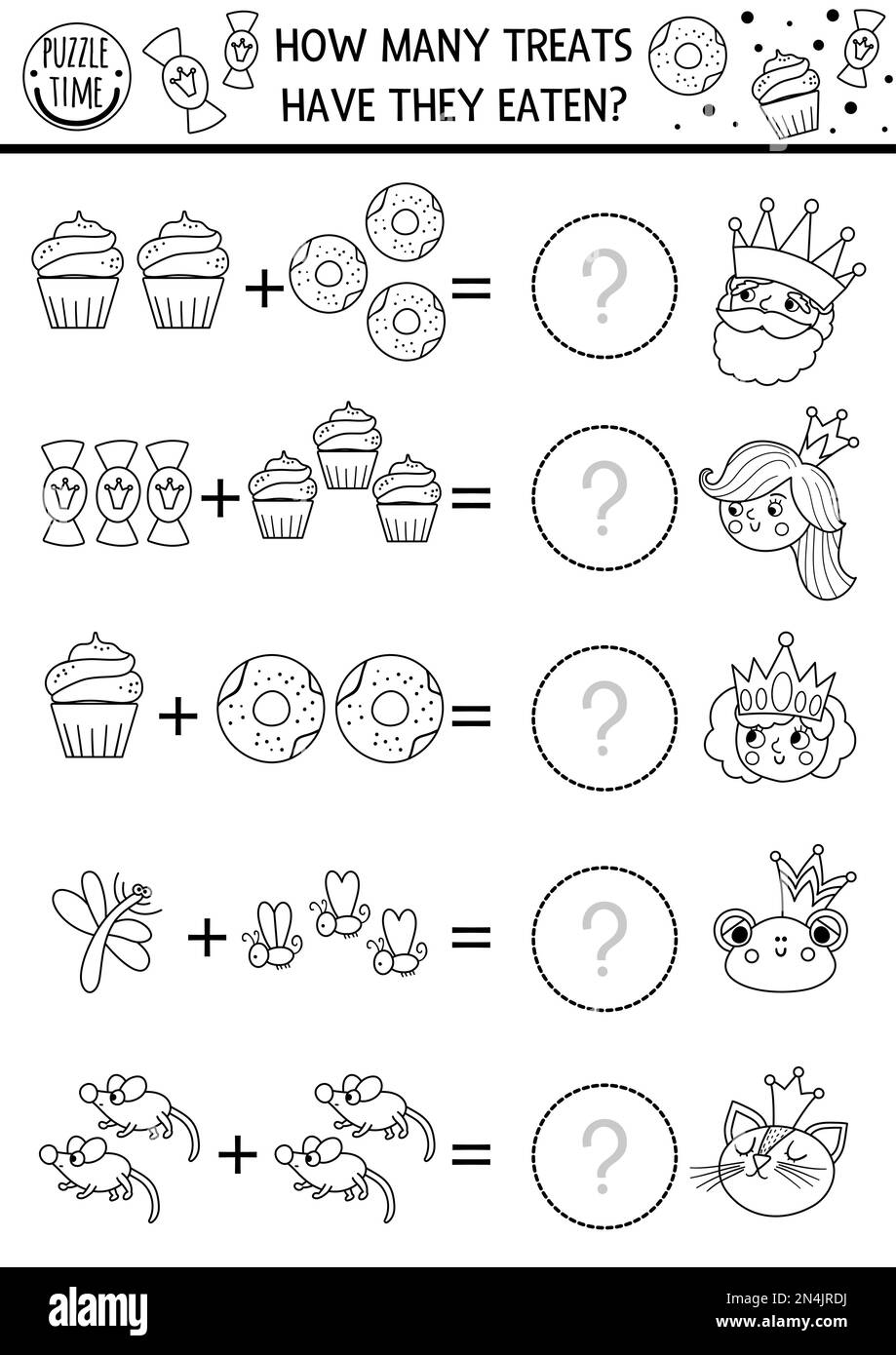 Quanti tratta gioco con carini personaggi da favola, ciambelle, dolci. Bianco e nero magico regno matematico aggiunta attività per bambini prescolare. Printabl Illustrazione Vettoriale