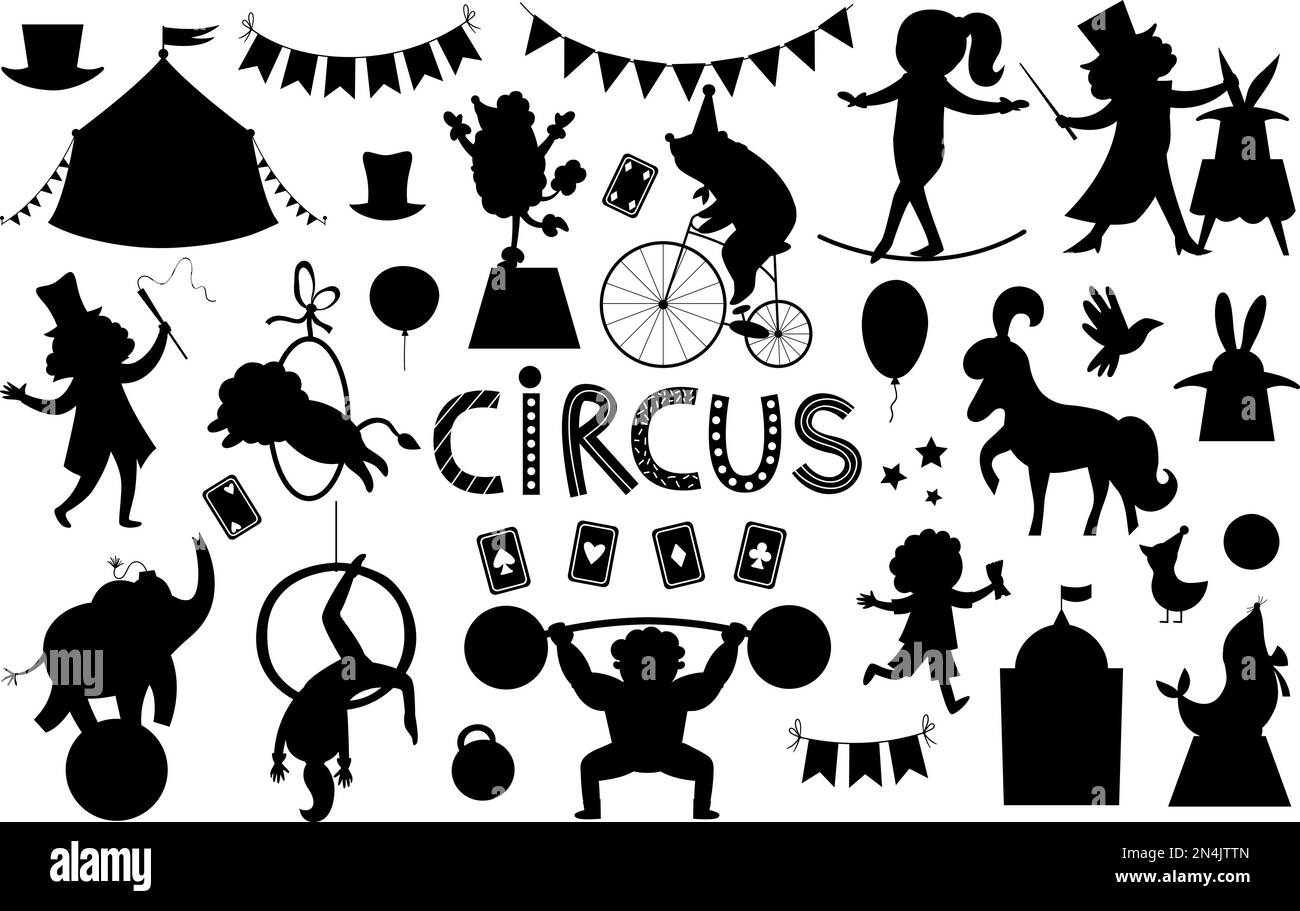 Collezione di silhouette di personaggi e oggetti circensi. Grande set vettoriale in bianco e nero con ginnastica, animali, atleta, illusionista. Rettangolo di selezione, bandiere. Stre Illustrazione Vettoriale