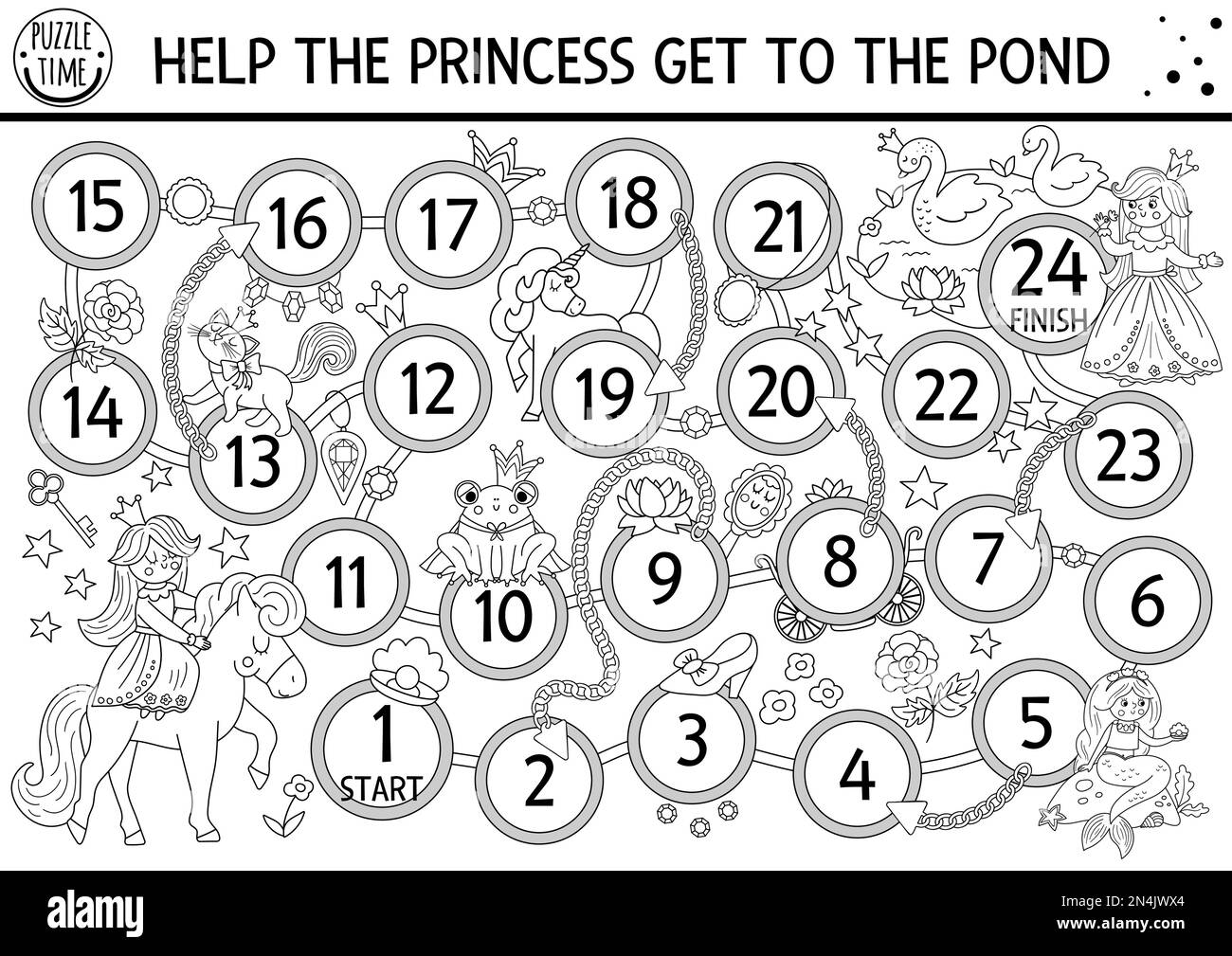 Gioco da tavolo a dadi bianco e nero da favola per bambini con principessa, gemme, catene dorate, unicorno, cigni. Gioco di boardgame Magic kingdom. Colore della cintura Illustrazione Vettoriale