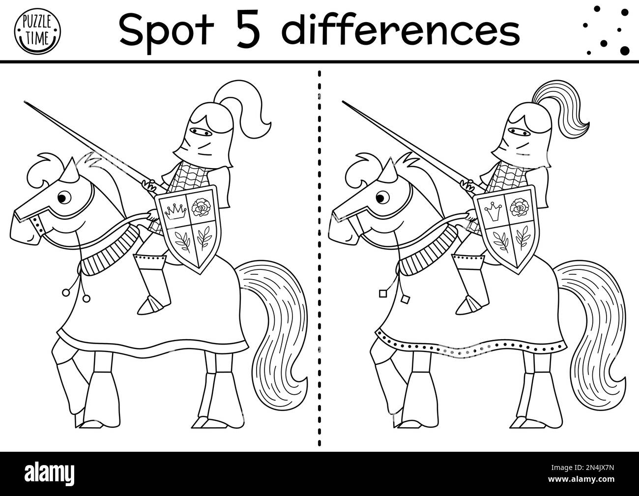 Bianco e nero trovare differenze gioco per i bambini. Attività educativa da favola con cavaliere corazzato a cavallo. Puzzle magic kingdom per bambini. Giusto Illustrazione Vettoriale