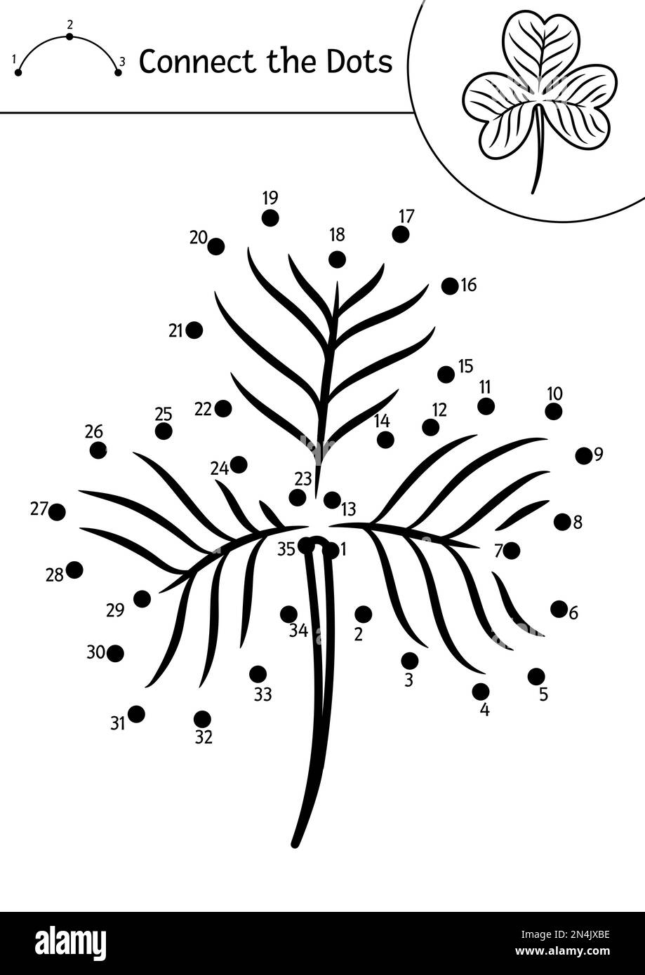 Vettore Saint Patrick dot-to-dot e attività a colori con carina foglia shamrock. Vacanze primaverili collegare il gioco dots per i bambini. Pagina da colorare divertente per Illustrazione Vettoriale