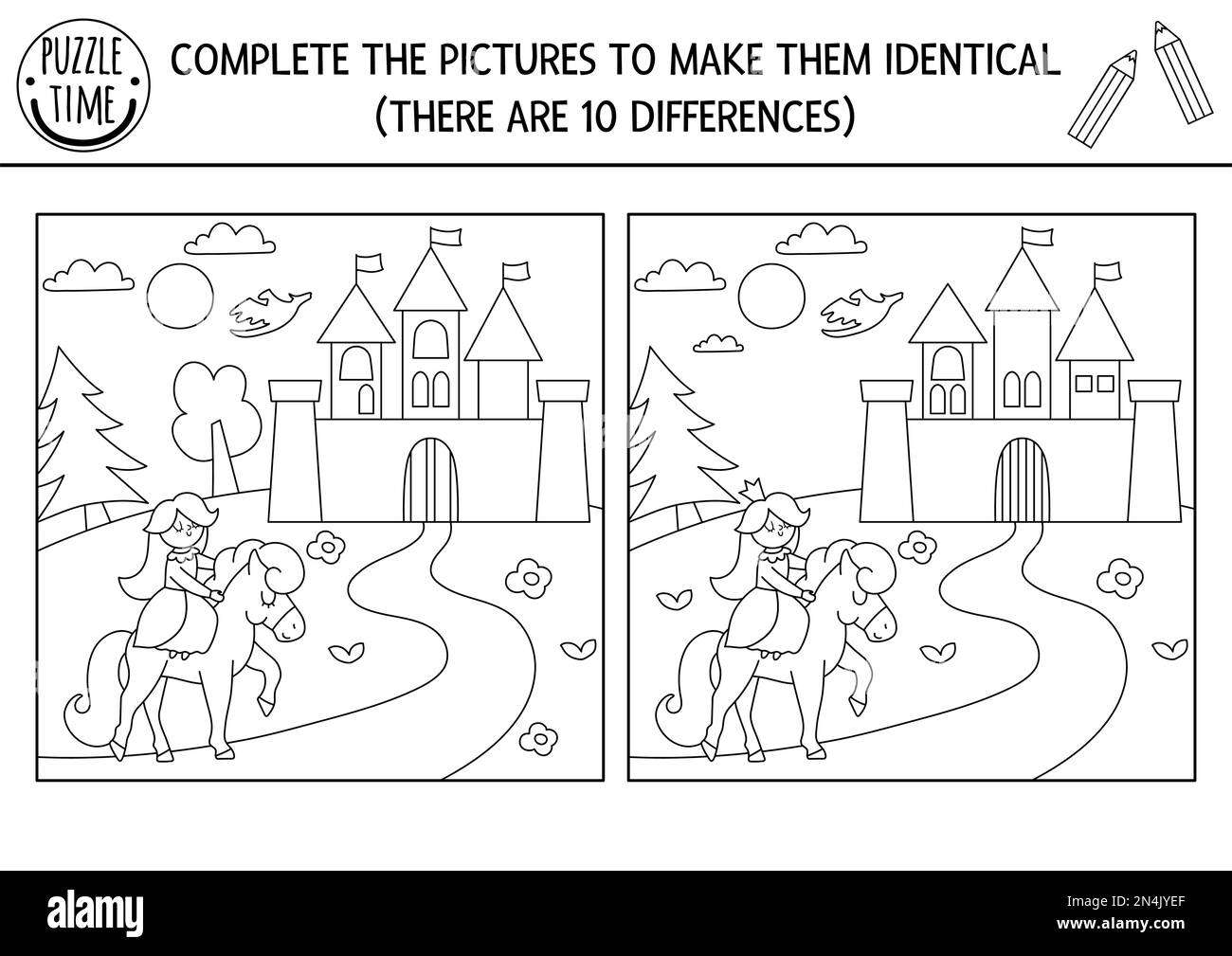 Bianco e nero trovare differenze, logica e gioco di disegno per i bambini. Attività educativa fiabesca con castello, principessa. Stampa completa dell'immagine Illustrazione Vettoriale