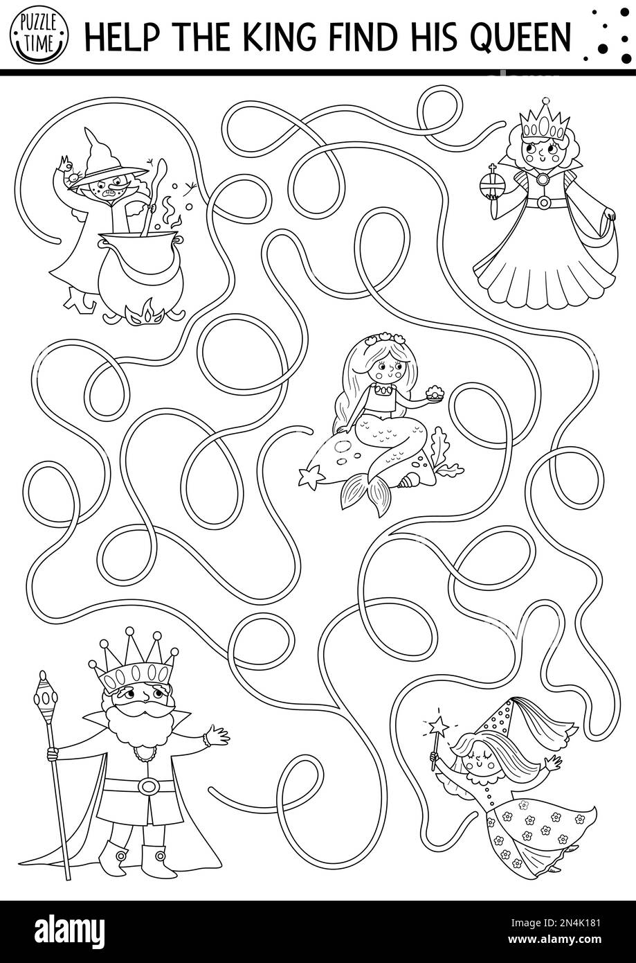 Labirinto di favole bianco e nero per bambini con personaggi fantasy. Magic kingdom linea attività stampabile prescolare con strega, fata, sirena. Fairy tal Illustrazione Vettoriale