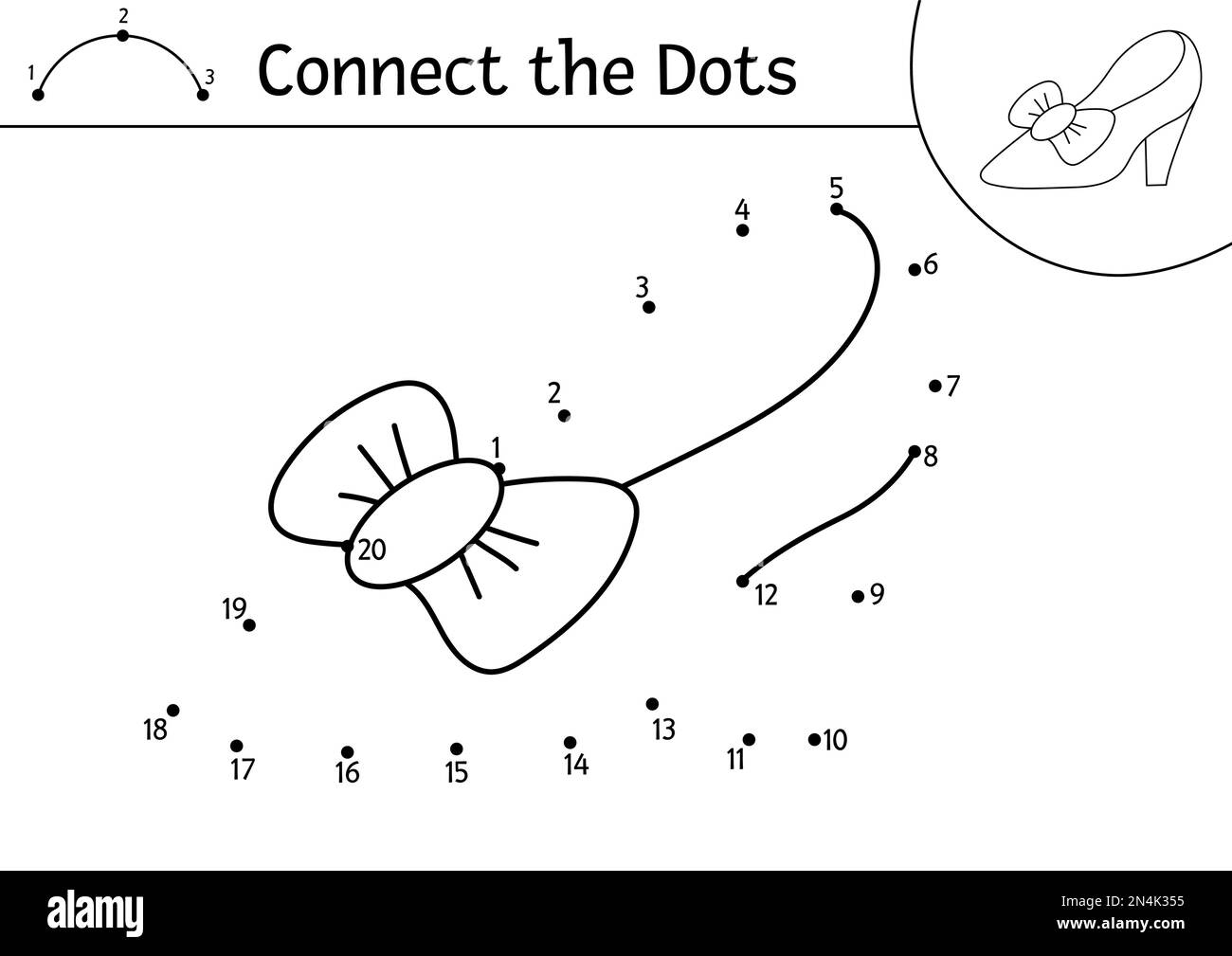Attività vettoriale da punto a punto e colore con carina scarpa principessa. Magic kingdom collegare il gioco di dots per bambini con scarpe ragazza. Colorazione fiaba Illustrazione Vettoriale