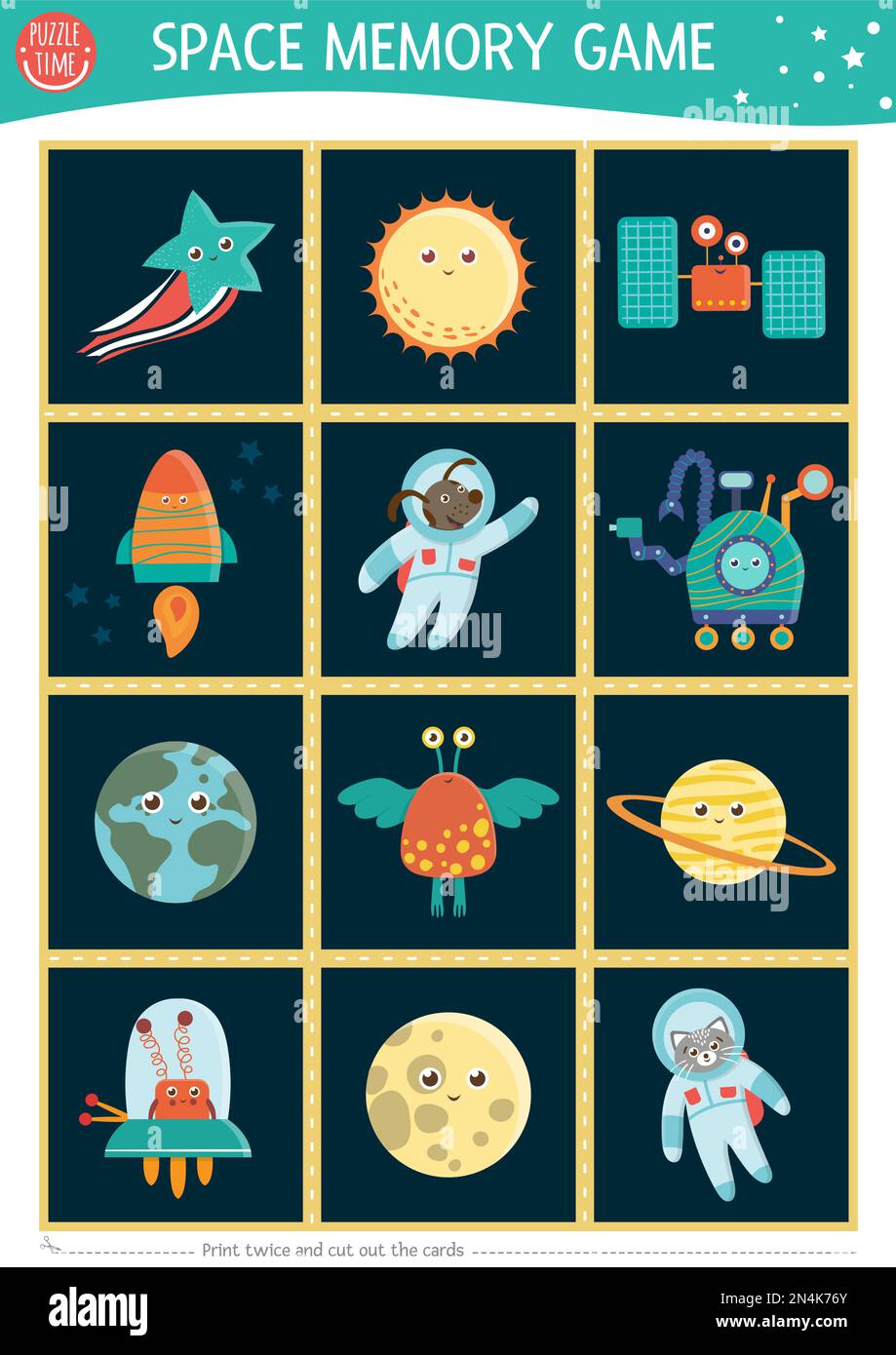 Carte gioco memoria spazio con pianeti, alieni, razzo. Corrispondenza dell'attività astronomica con astronauta, stella, terra. Ricordare e trovare la scheda corretta. Semplice p Illustrazione Vettoriale