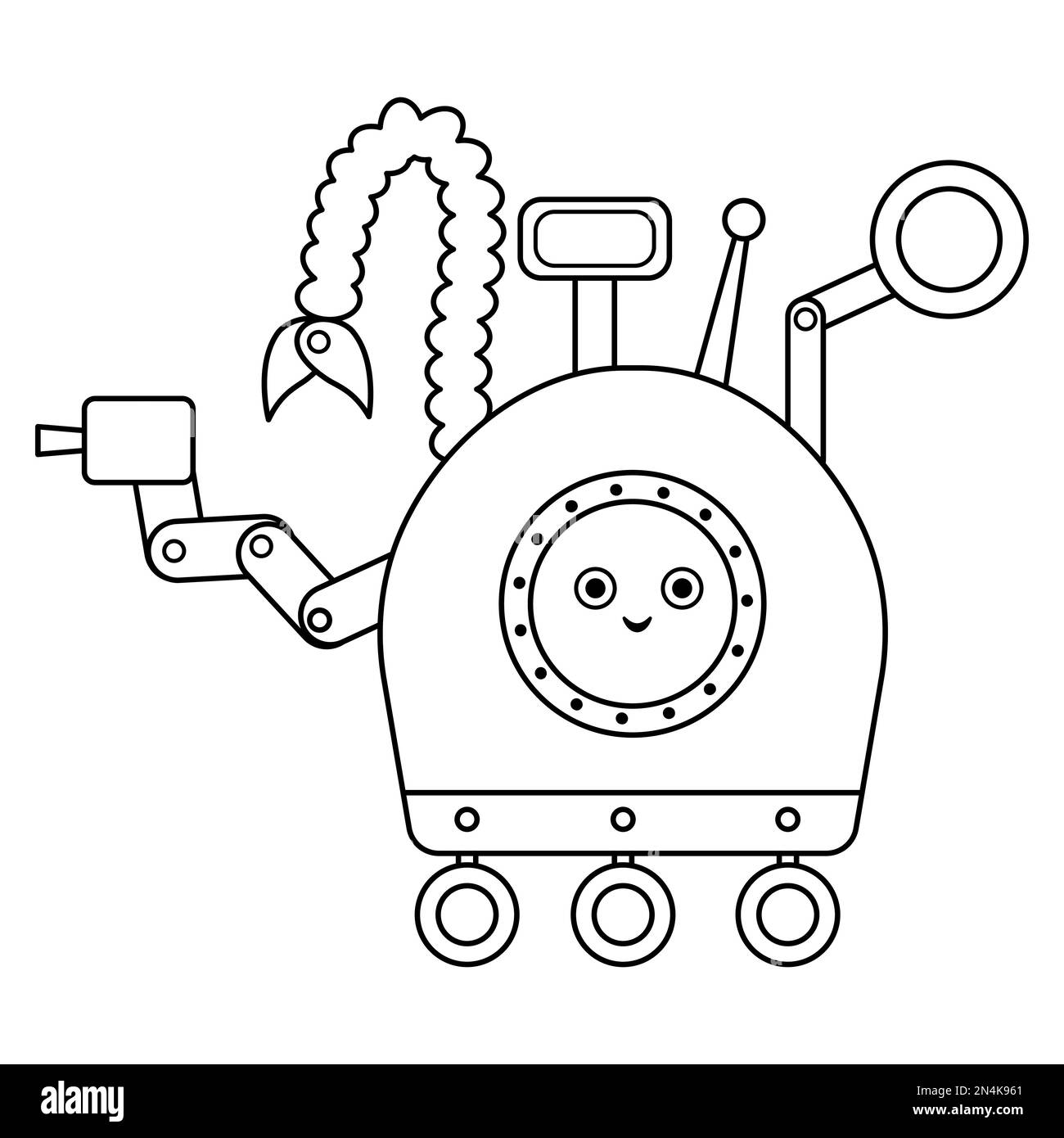 Illustrazione rover in bianco e nero vettoriale per bambini. Contorno icona tecnica sorridente isolato su sfondo bianco. Pagina di colorazione esplorazione dello spazio Illustrazione Vettoriale