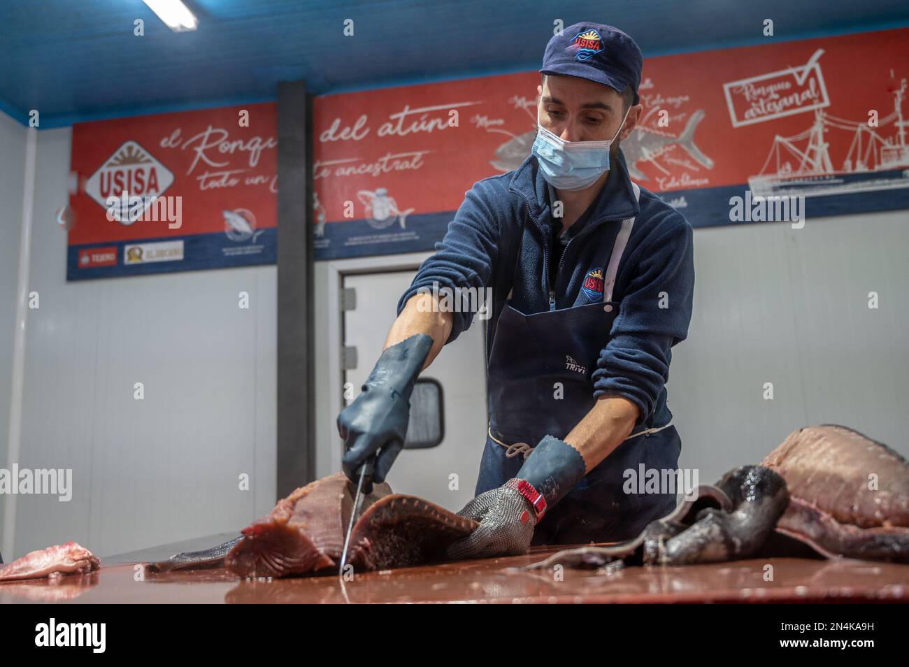 Taglio e preparazione del pesce per il processo di inscatolamento, fabbrica di inscatolamento del pesce (USISA), Isla Cristina, Spagna Foto Stock