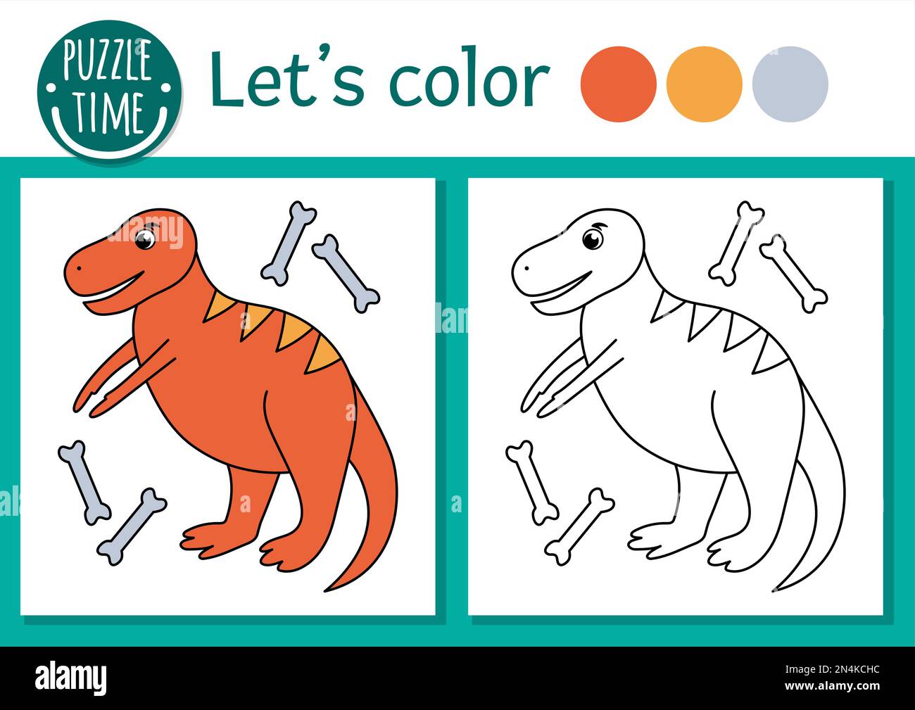 Pagina da colorare preistorica per bambini. Scena divertente carino con tirannosauro rex. Illustrazione del contorno del periodo giurassico vettoriale. Libro a colori Dino per bambini Illustrazione Vettoriale