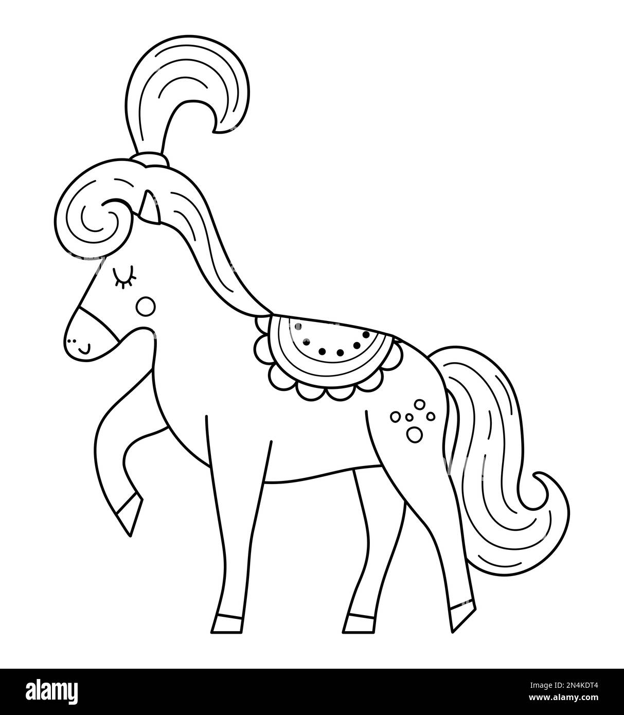 Cavallo bianco e nero con sella e coda di pony. Animale da circo vettoriale. Icona linea vacanza divertimento. Carino divertente festival personaggio clip art.. Via s Illustrazione Vettoriale