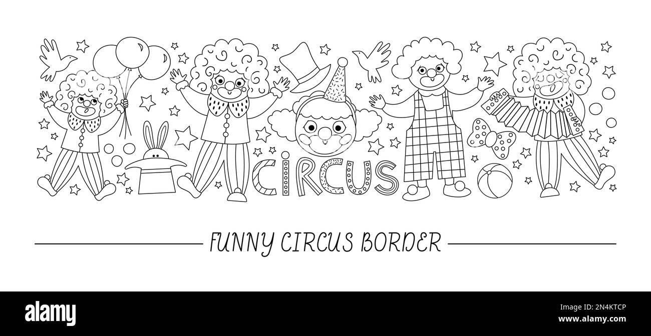Bordo orizzontale in bianco e nero vettoriale con cute clown linea. Street show modello di scheda di progettazione con divertenti artisti circensi. Festival, hol per bambini Illustrazione Vettoriale