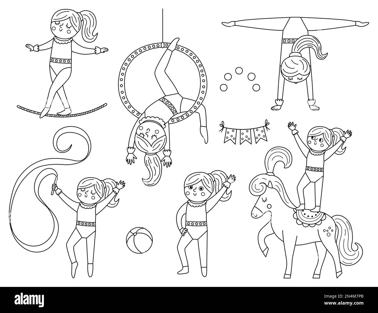 Set Vector bianco e nero con ragazze ginniche con cerchio, cavallo, nastro. Simpatico Acrobat divertente. Circo o artista sportivo delineano il clipart. Vacanza di divertimento Illustrazione Vettoriale