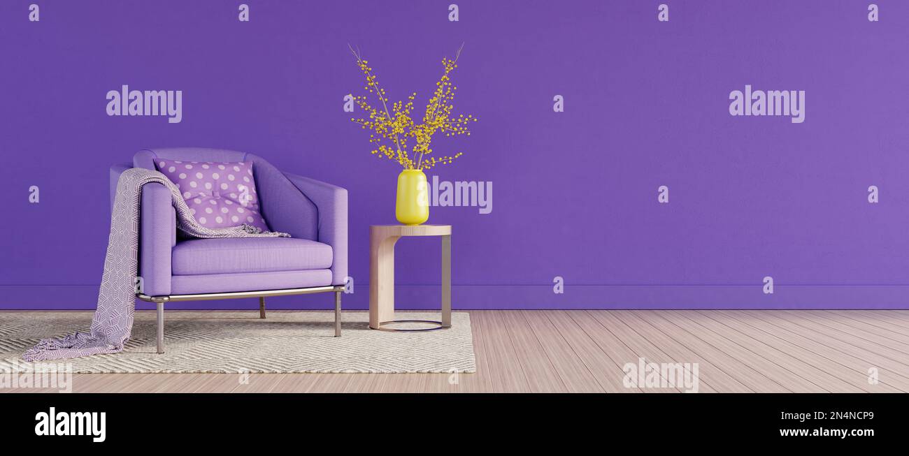 Design d'interni del soggiorno con divano viola. Parete viola vuota con spazio copia a sinistra. Rendering 3D Foto Stock