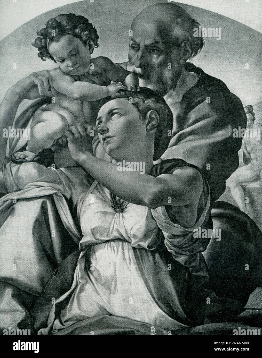 Questa illustrazione del 1903 mostra la Sacra Famiglia cristiana dipinta da Michelangelo (1475-1564). Michelangelo di Lodovico Buonarroti Simoni, meglio conosciuto come semplicemente Michelangelo, fu uno scultore, pittore, architetto e poeta italiano dell'Alto Rinascimento nato nella Repubblica di Firenze, che esercitò un'incomparabile influenza sullo sviluppo dell'arte occidentale Foto Stock