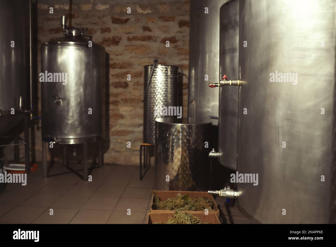 Vasche d'acciaio per la fermentazione del vino in fabbrica Foto Stock