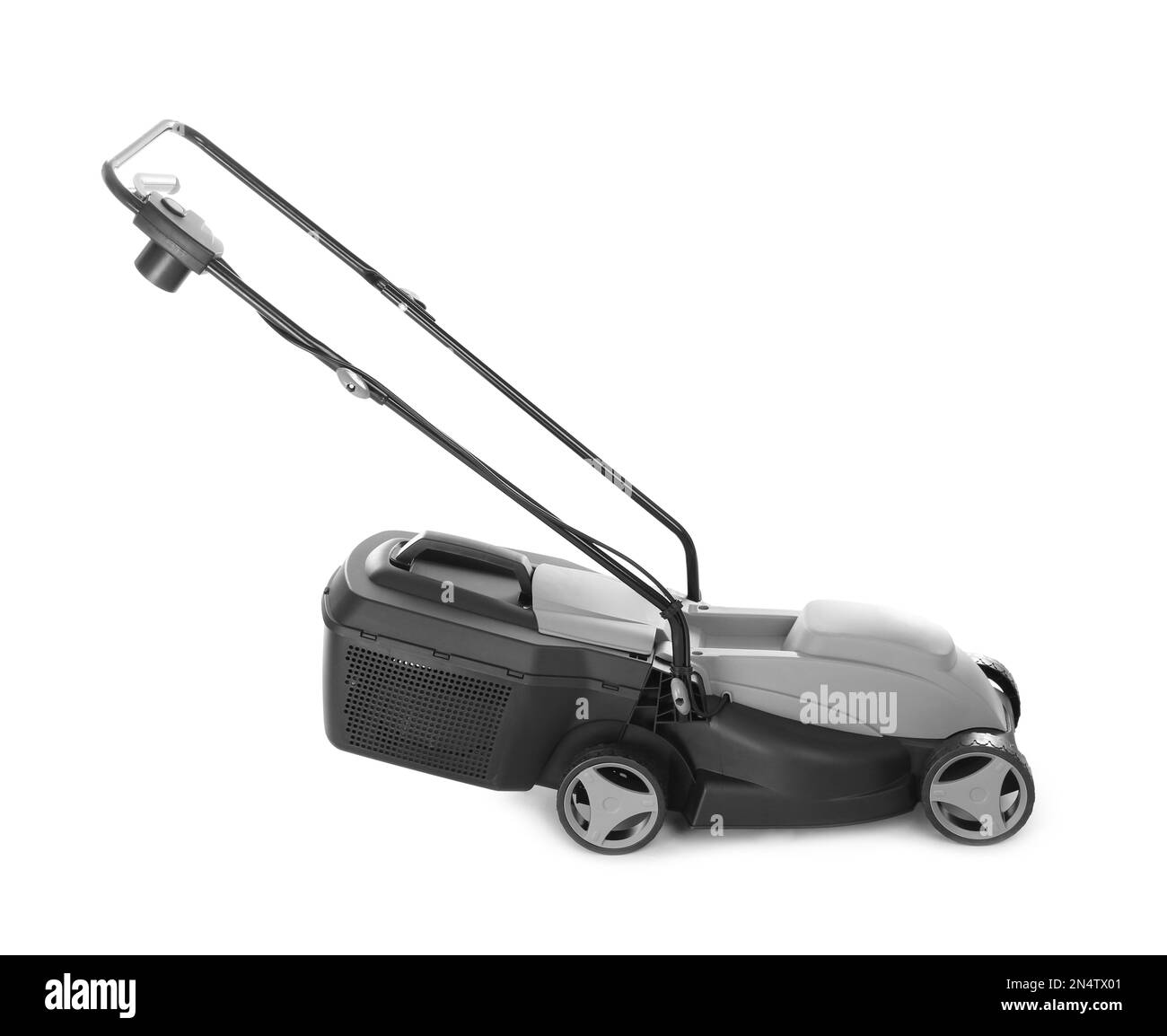 Rasaerba moderno isolato su bianco. Strumento da giardino Foto Stock