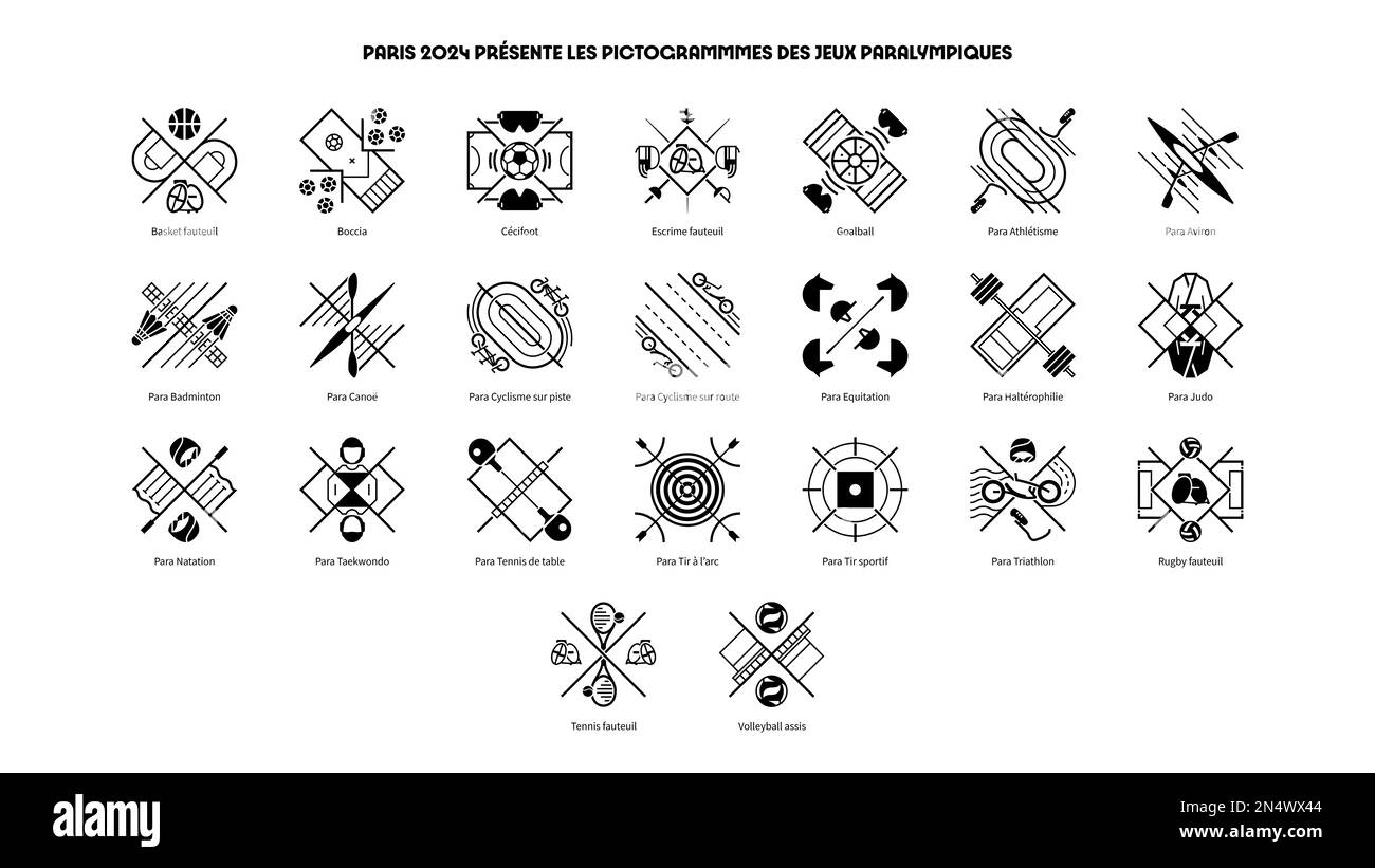 (230209) -- PARIGI, 9 febbraio 2023 (Xinhua) -- questa immagine mostra i pittogrammi sportivi per i Giochi Paralimpici di Parigi 2024 ufficialmente svelati dal Comitato Organizzatore di Parigi 2024 il 8 febbraio 2023. (Comitato organizzatore di Parigi 2024/Handout via Xinhua) Foto Stock