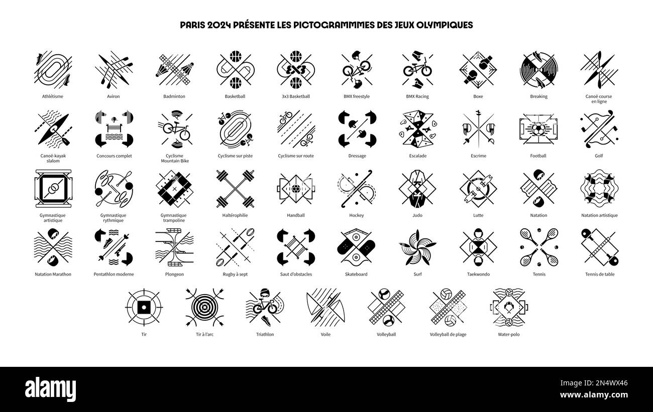 (230209) -- PARIGI, 9 febbraio 2023 (Xinhua) -- questa immagine mostra i pittogrammi sportivi per i Giochi Olimpici di Parigi 2024 ufficialmente svelati dal Comitato Organizzatore di Parigi 2024 il 8 febbraio 2023. (Comitato organizzatore di Parigi 2024/Handout via Xinhua) Foto Stock