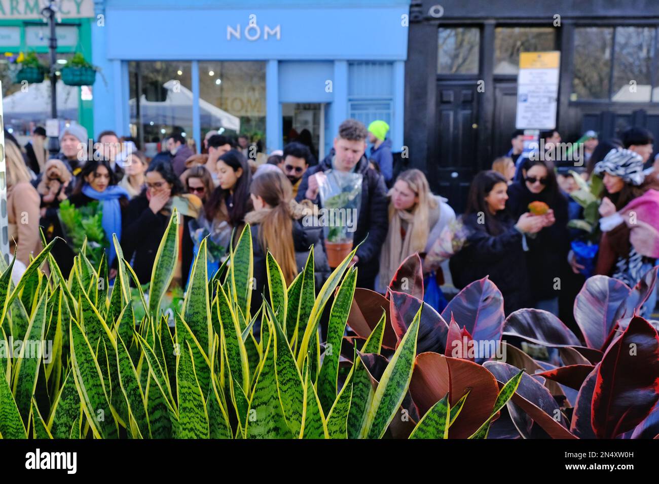 Londra, Regno Unito. Una vista generale del mercato dei fiori di Columbia Road con i clienti che guardano le bancarelle. Foto Stock