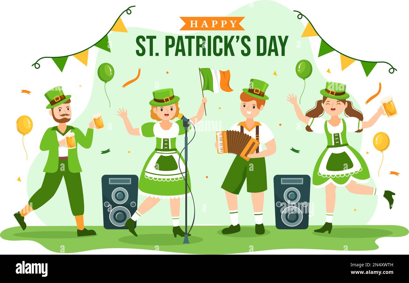 Happy St Patricks Day Illustration con monete d'oro, cappello verde, birreria e Shamrock per Landing Page in Cartoon piano modelli disegnati a mano Illustrazione Vettoriale