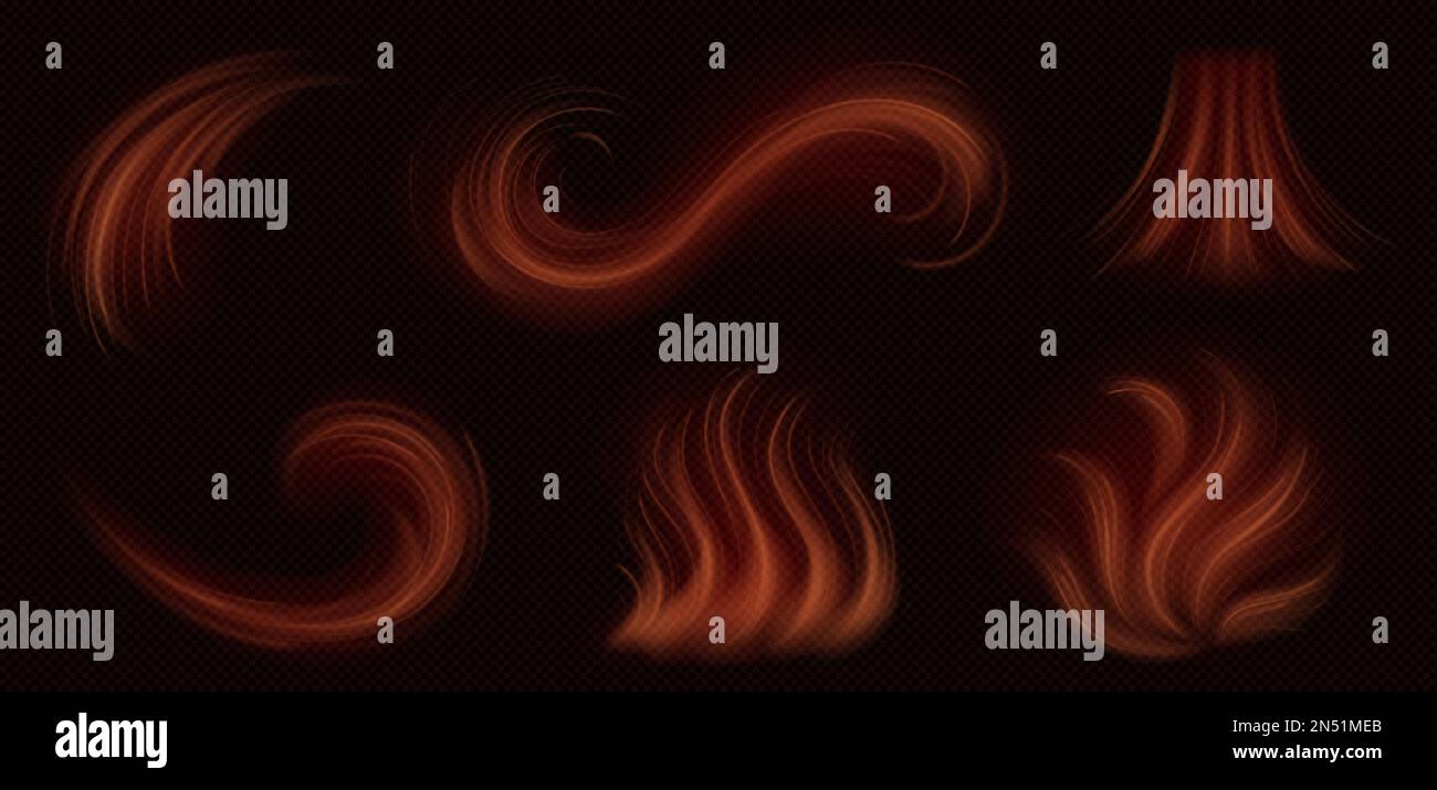 Set realistico di effetti del flusso d'aria calda isolati su sfondo trasparente. Illustrazione vettoriale di vortici arancioni astratte. Simbolo del fascio di luce a infrarossi, percorso di radiazione di energia termica, soffio di vento caldo Illustrazione Vettoriale