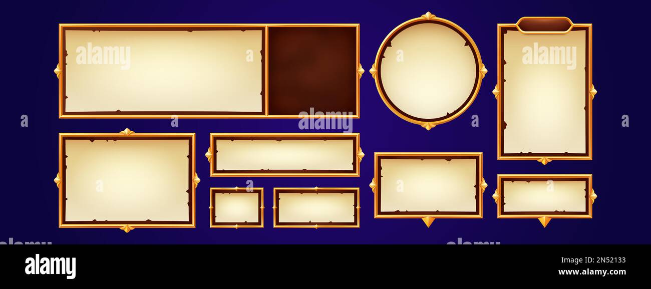 Finestre di dialogo del gioco, fumetti e cornici per il testo. Striscioni con carta vecchia vuota e bordo oro in stile retrò, cartoni animati vettoriali set isolato sullo sfondo Illustrazione Vettoriale