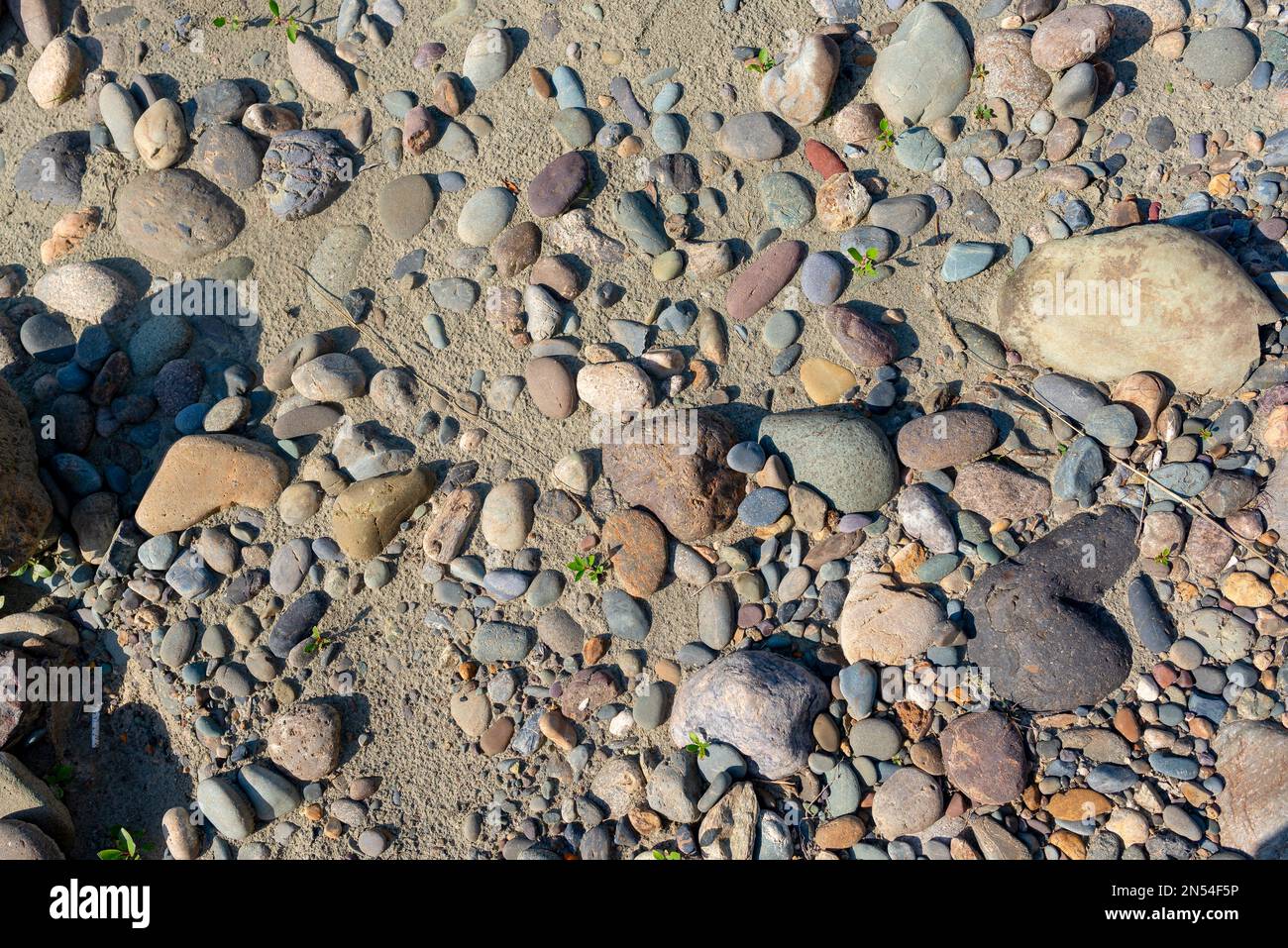 La spiaggia sabbiosa con le rocce è illuminata dal sole diurno. Foto Stock
