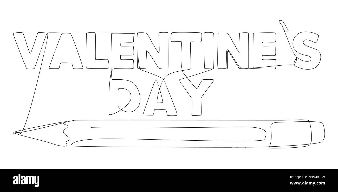 Una riga continua della parola di San Valentino scritta con una matita. Concetto di vettore di illustrazione a linea sottile. Disegno di contorno idee creative. Illustrazione Vettoriale