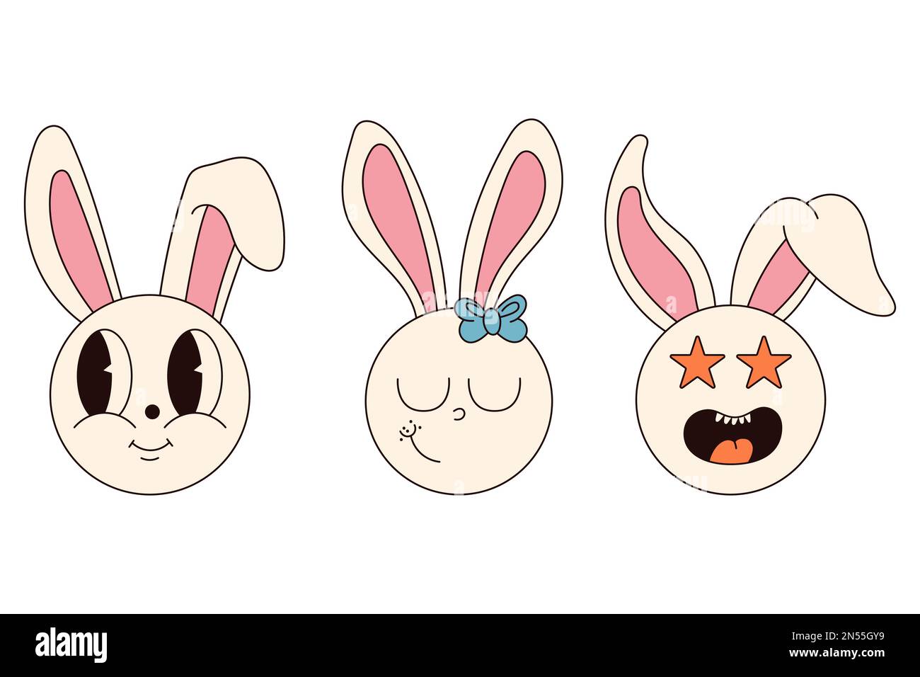 Hippie groovy Happy Easter personaggi. Set di coniglietti pasquali in stile cartoon retrò 60s 70s alla moda. Illustrazione Vettoriale