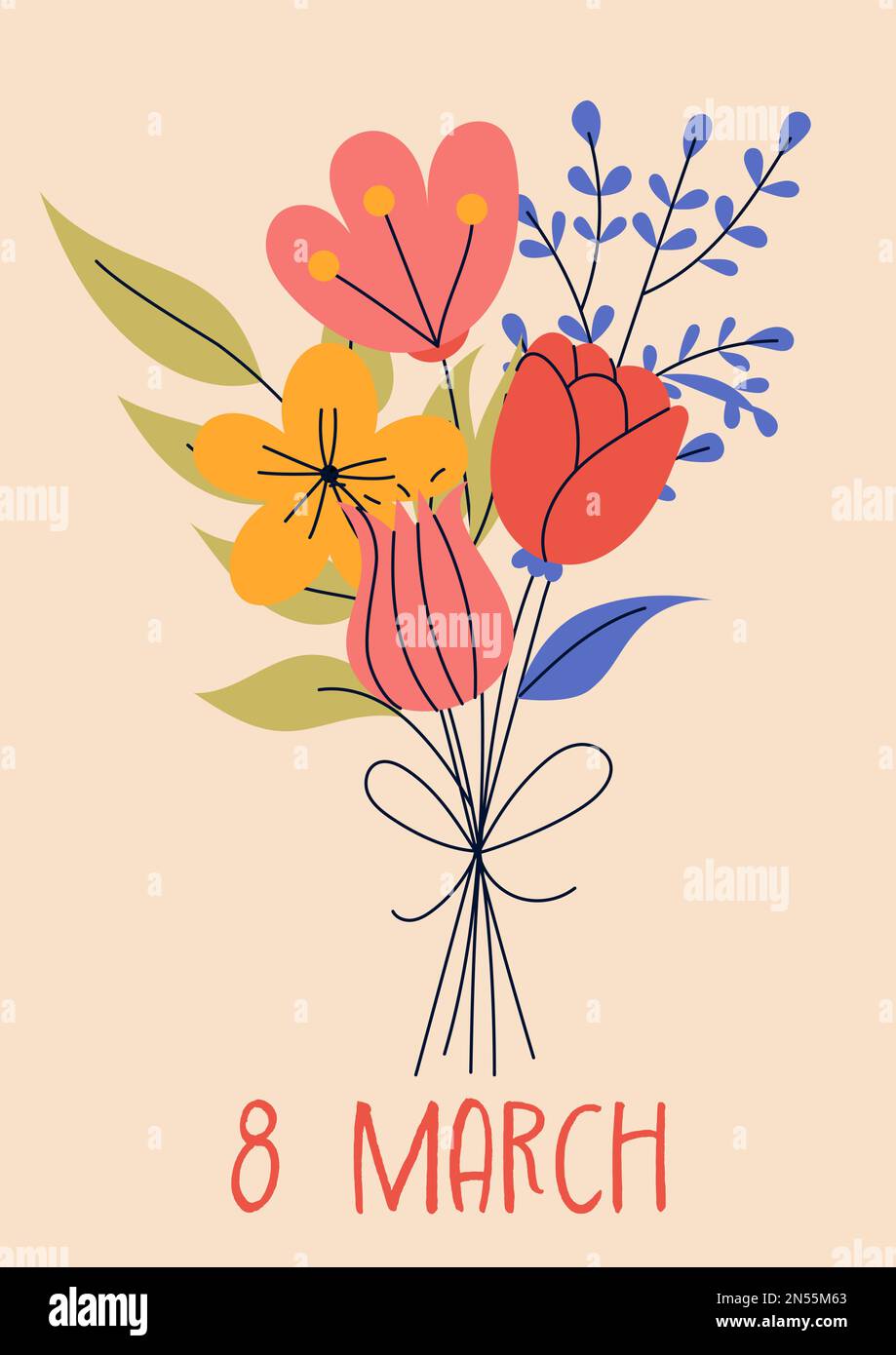 8 marzo, Giornata internazionale della donna. Biglietti d'auguri o cartoline con bouquet di fiori per biglietti, poster, volantini. Potenza femminile, femminismo Illustrazione Vettoriale