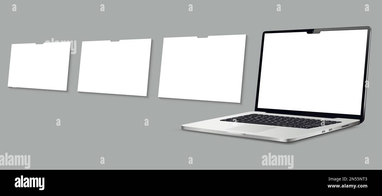 Computer portatile mockup con pagine wireframe vuote. Concetto per la presentazione di progetti di web-design. Illustrazione Vettoriale