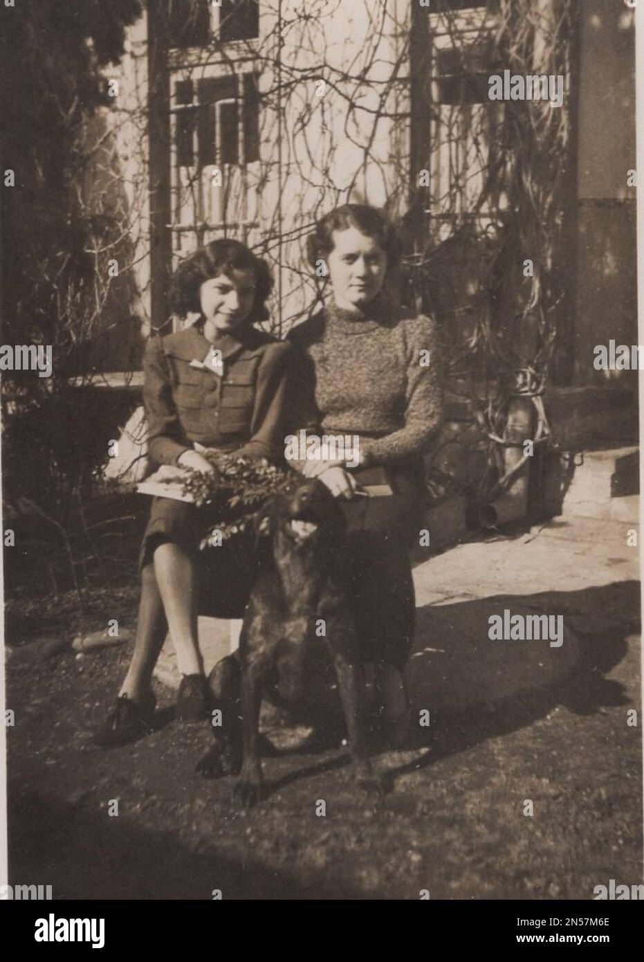 Fotografia vintage sui cani da compagnia : giovani donne ( sorelle o fidanzate BFFs ( migliori amici per sempre )) con un super felice e super sorridente grande cane nero in posa per la macchina fotografica. questo cane è super star. è super carino, felice e sorridente. la foto è stata scattata al 1930s. Foto Stock