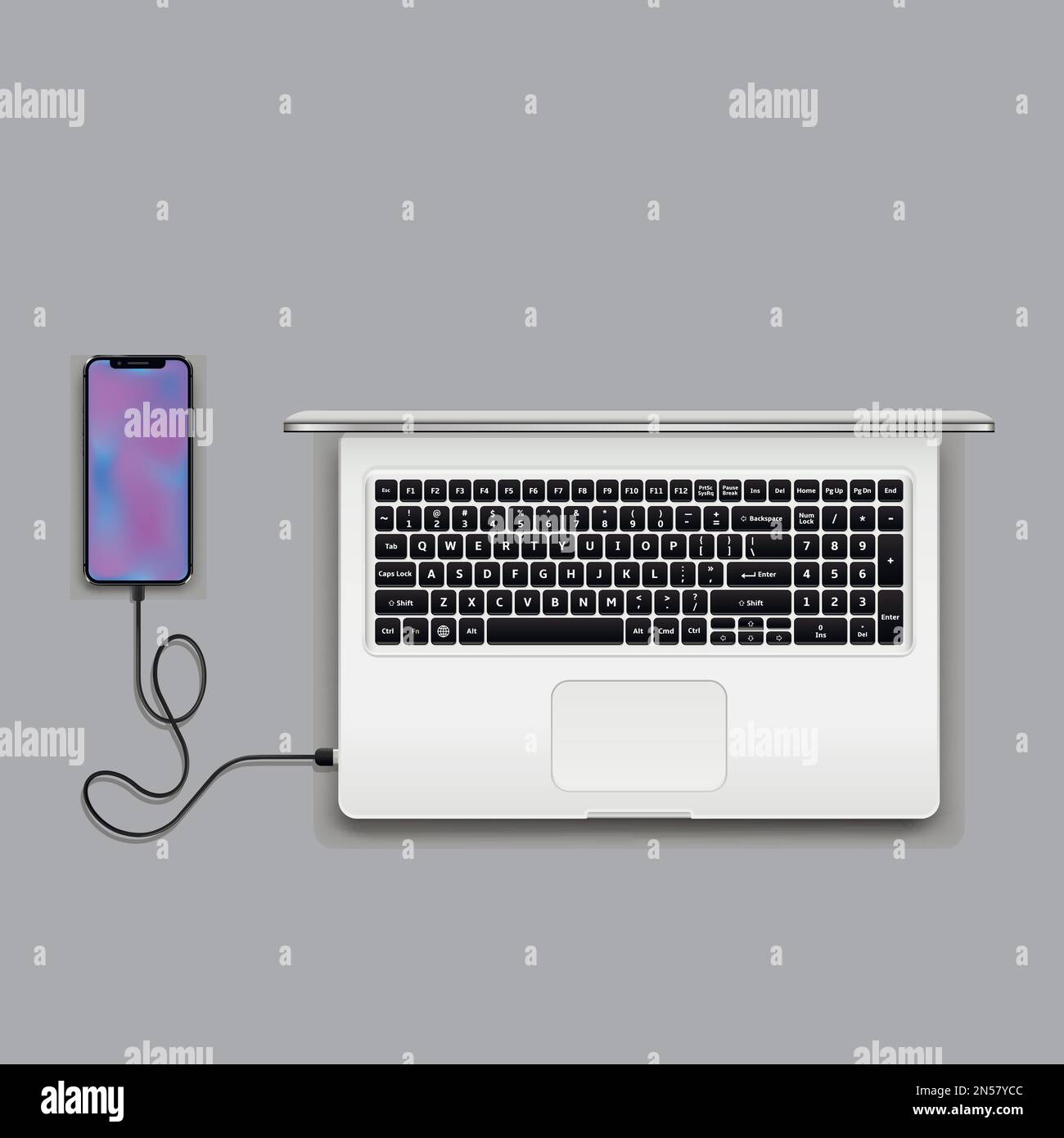 Smartphone con caricabatteria wireless collegato al computer portatile, vista dall'alto. Illustrazione vettoriale. Illustrazione Vettoriale