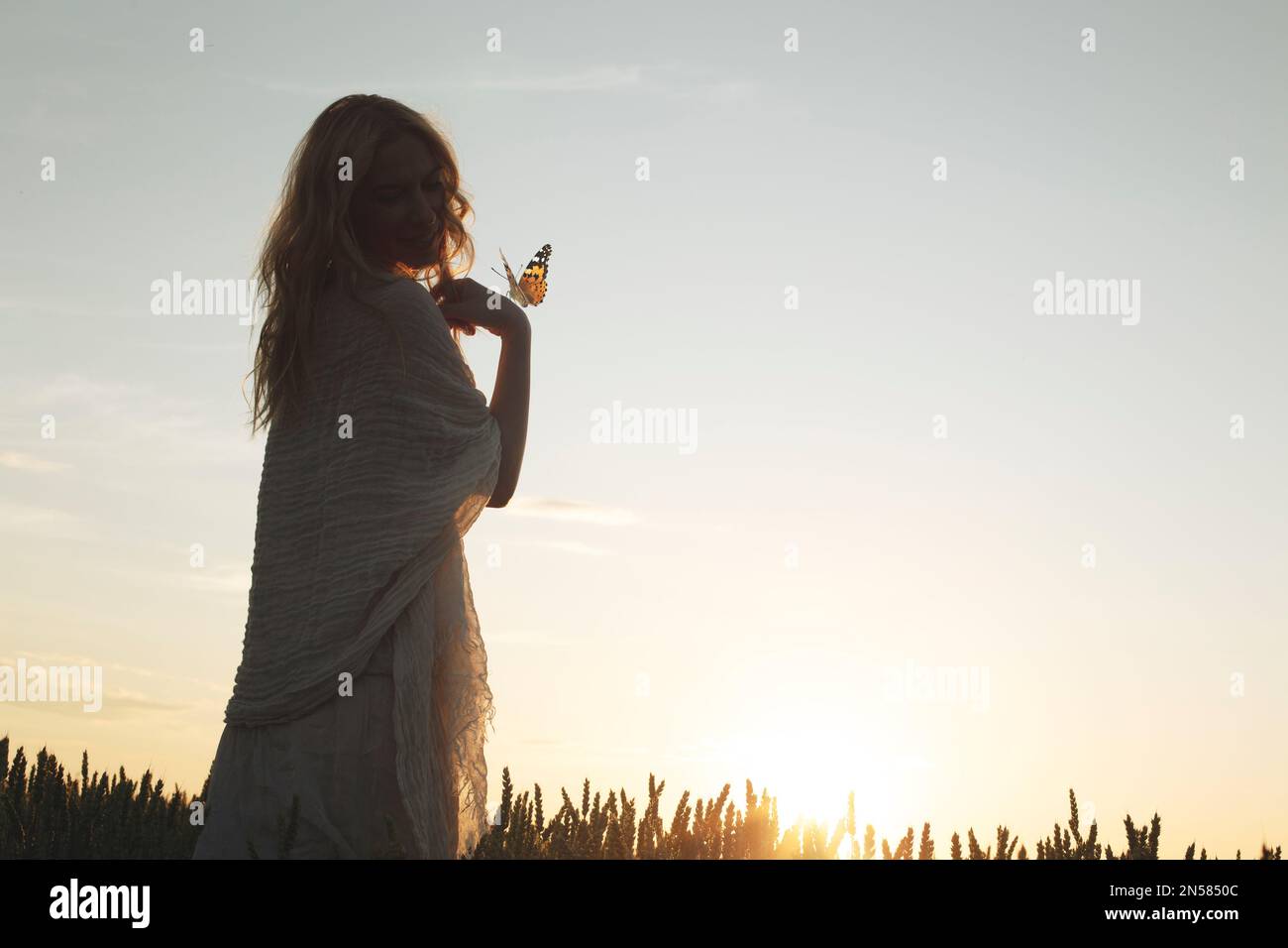 incontro surreale tra una donna e la farfalle libera che volano in mezzo alla natura Foto Stock